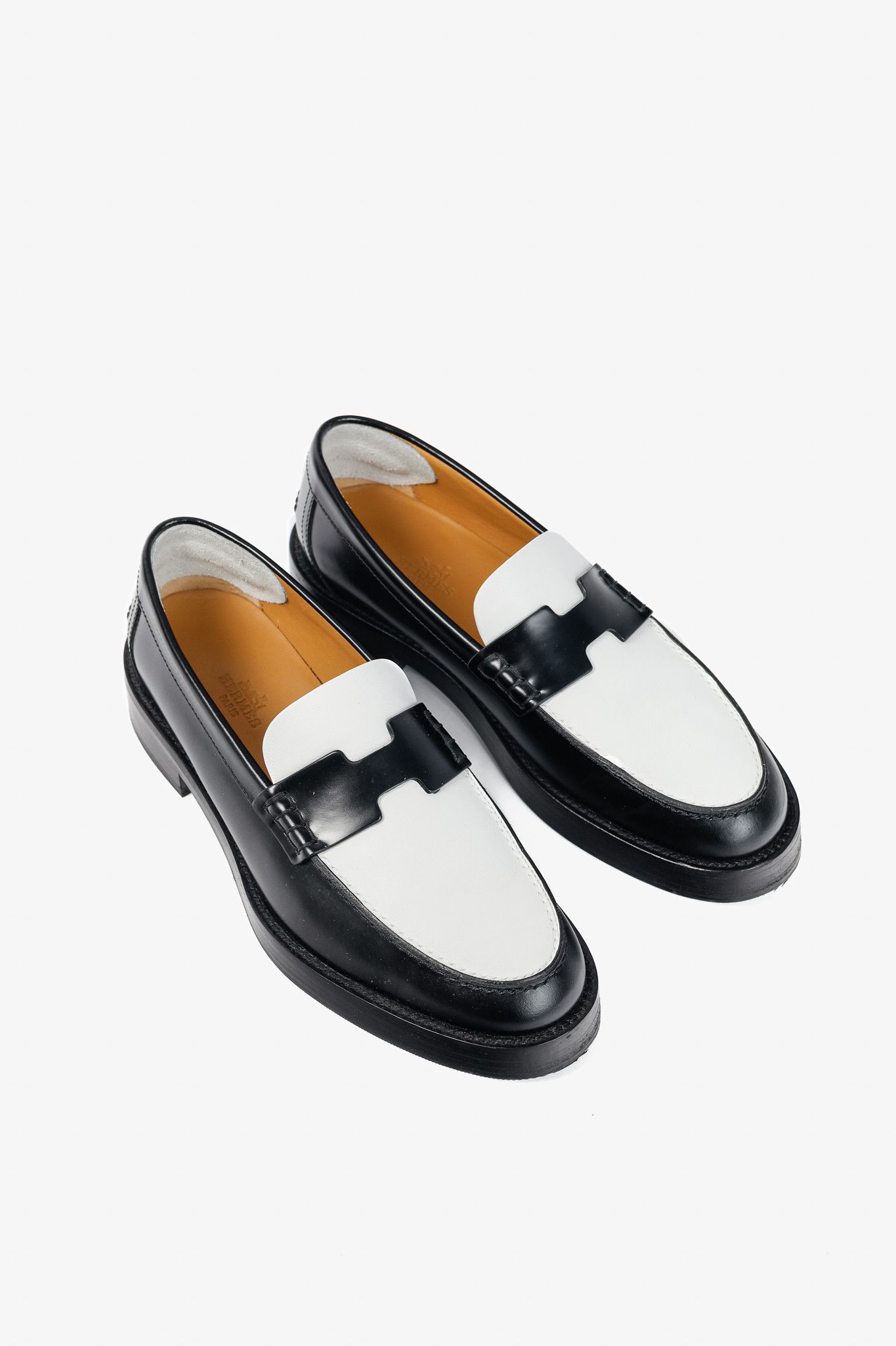 Hermes Hermes Hour Noir & Blanc Glazed Calfskin "H" Loafers Size US 7 / IT 37 - 1 Thumbnail
