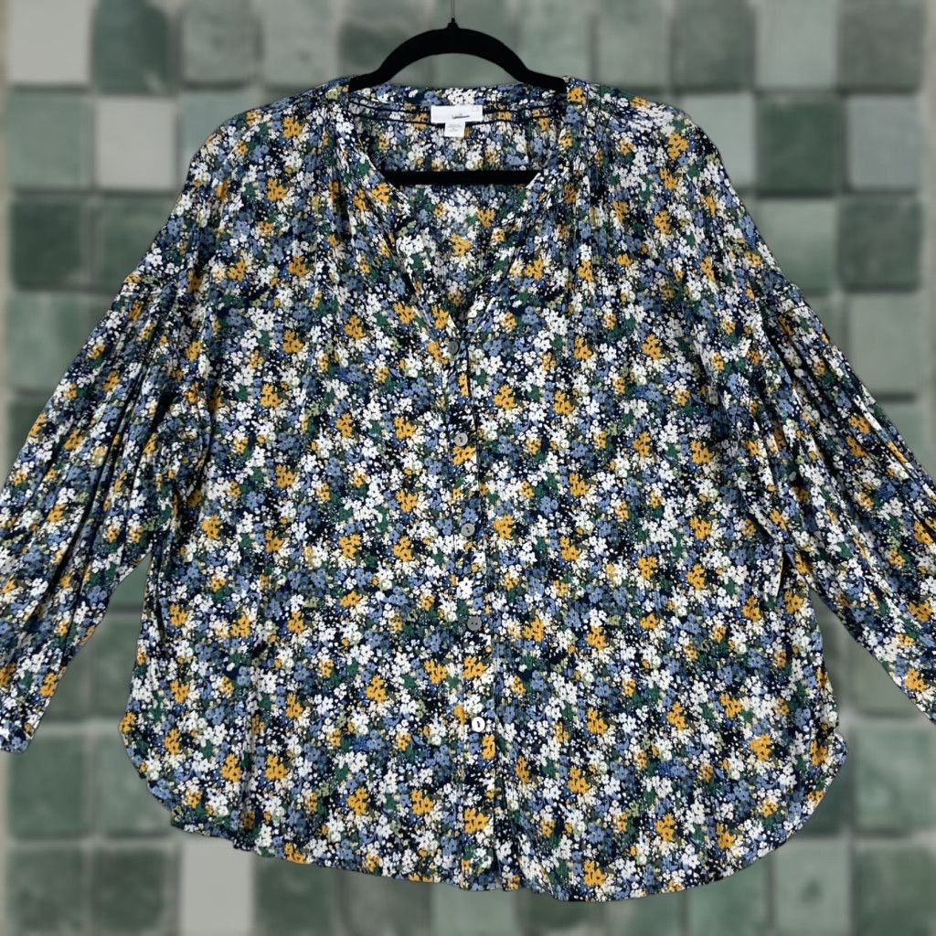 J. Jill J. Jill Petites Blue Floral Print Button-Up Shirt Womens V-Neck Size PXL - Casual Shirt Size XL / US 12-14 / IT 48-50 - 1 Thumbnail