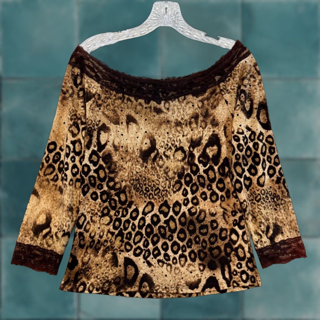 VINTAGE 90s Y2K Off Shoulder Shirt Cheetah Leopard Animal Print Large XL Tan Brown Women L/XL Men?