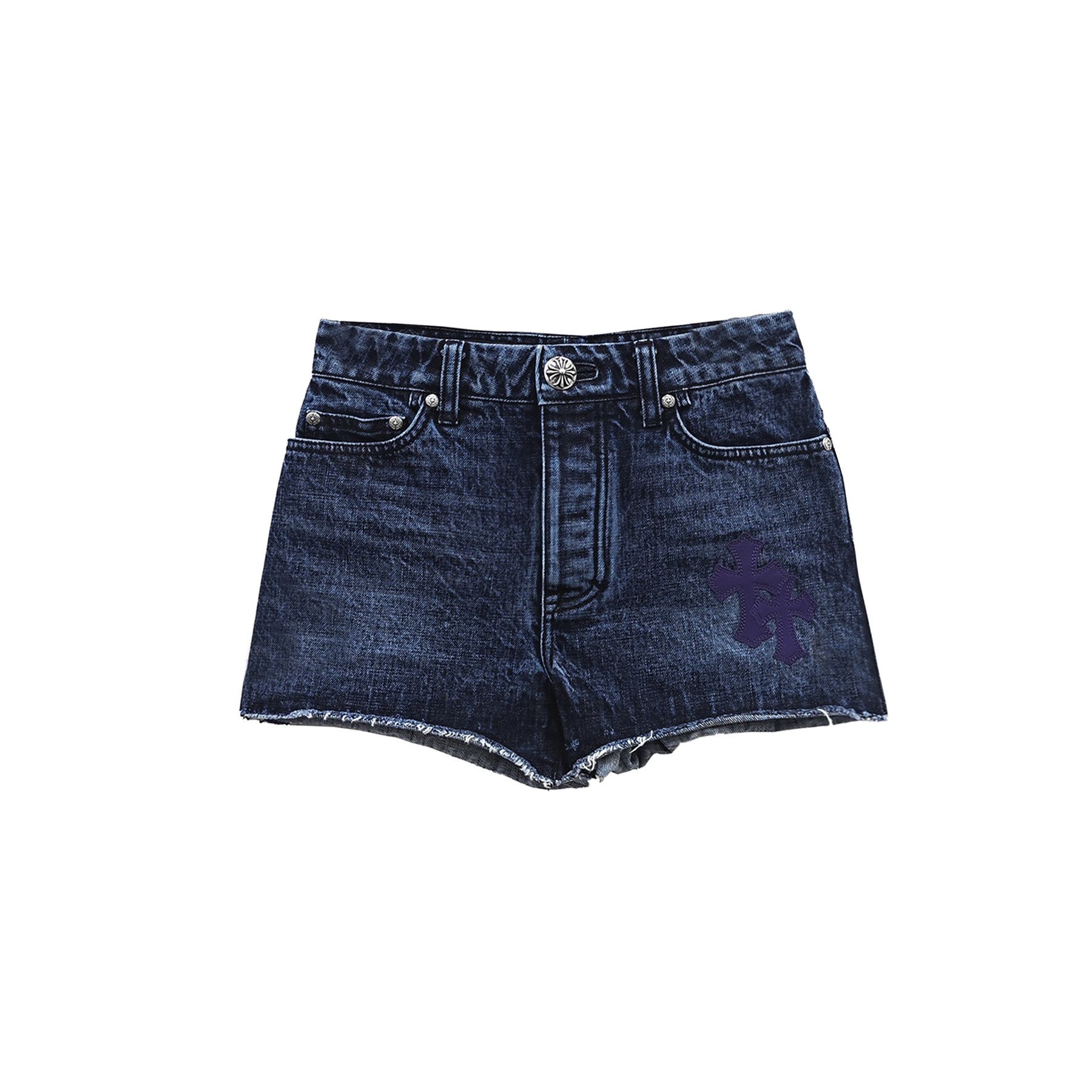 image of Chrome Hearts Purple Cross Leather Patch Denim Shorts, Women's (Size 24)