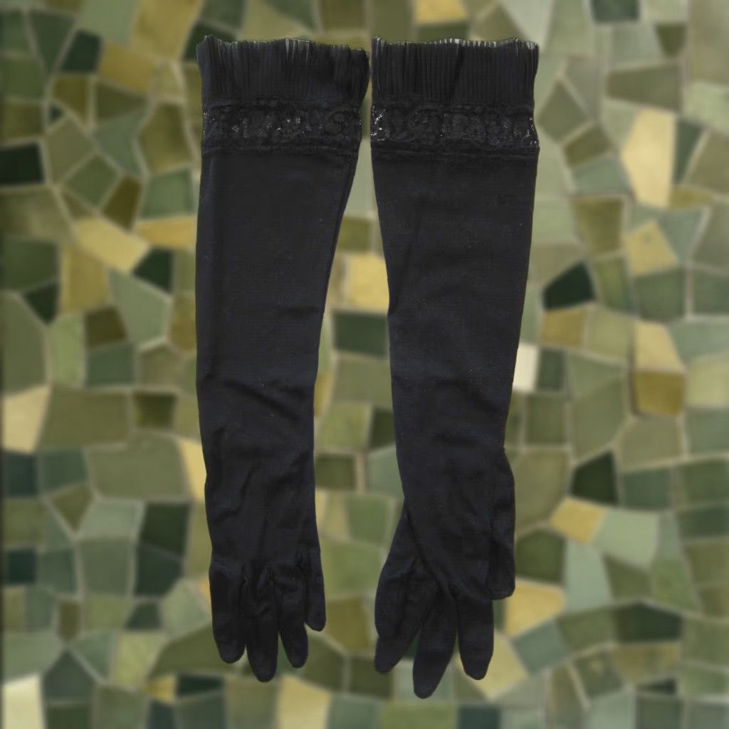 Vintage VINTAGE Black Pleated Lace Tight Fitted Long Party Cocktail Women Glove S- Size ONE SIZE - 1 Thumbnail