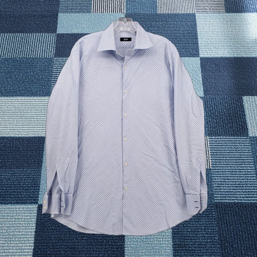 Hugo Boss HUGO BOSS Dress Shirt Mens 17 Blue Plaid Long Sleeve Button Up 100% Cotton Collared Shirt Size 17 Regular Chest 46in Business Casual Women? Mens Size 46R - 1 Thumbnail