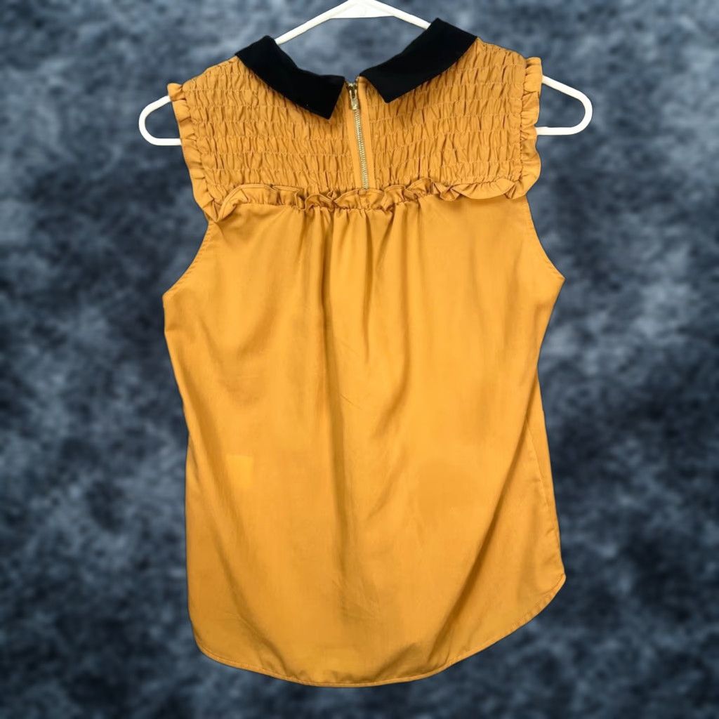 Sandro Sandro Blouse Shirt Sleeveless Mustard Collared Velvet Collar Smocked Front Womens Size 1 Size XS / US 0-2 / IT 36-38 - 1 Thumbnail