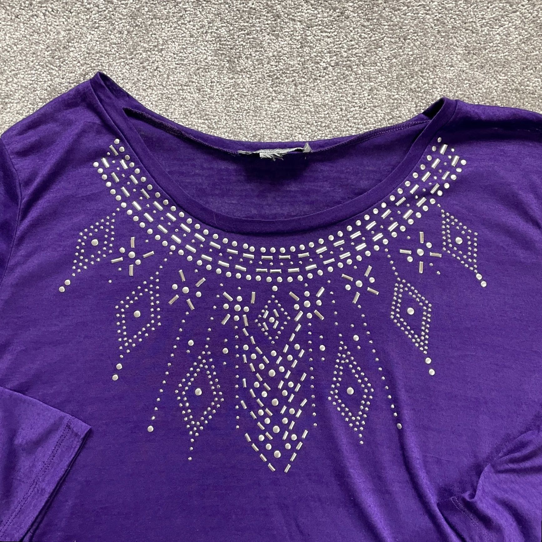 Vintage Closet Full Blouse Womens 2XL Purple Beaded Round Neck Half Sleeve Stretch Soft Size XXL / US 16-18 / IT 52-54 - 3 Thumbnail