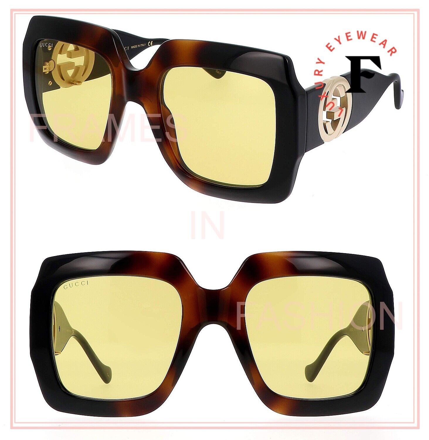 image of Gucci 1022 Black Havana 004 GG Yellow Sunglasses Gg1022S, Women's