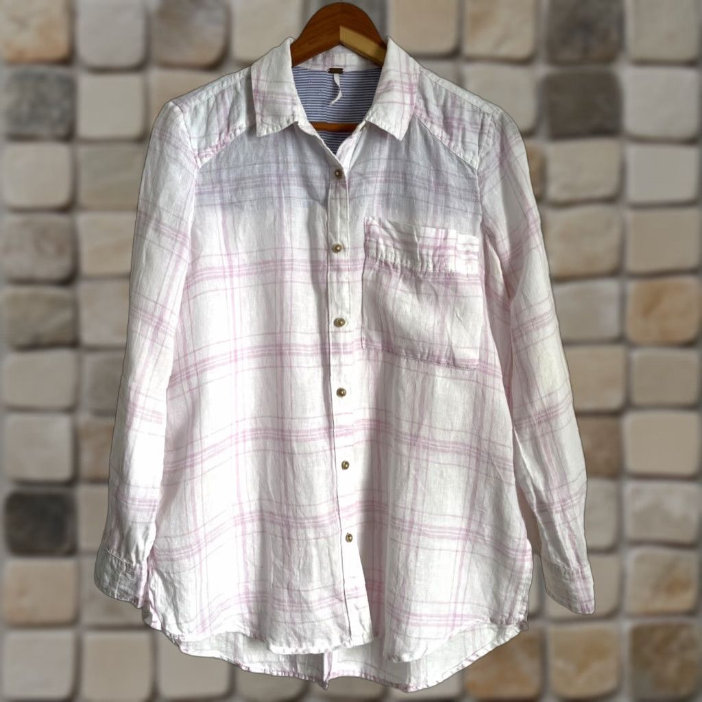 Free People VINTAGE Free People Women's No Limits Oversized Button-Up Linen Shirt Plaid XS White Pink Bohemian 90s Womens Size XS / US 0-2 / IT 36-38 - 1 Thumbnail