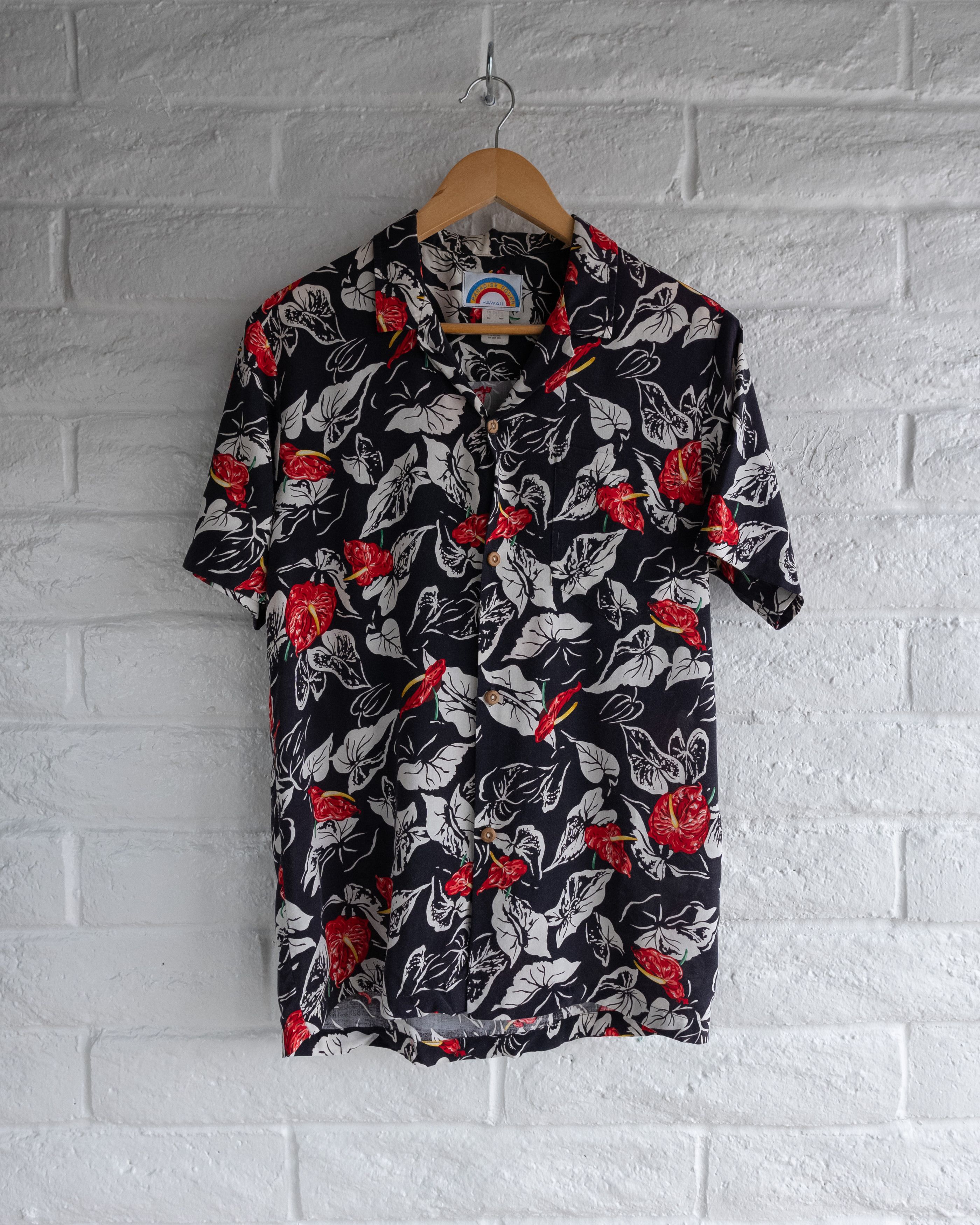 Vintage Paradise Found Hawaiian Shirt Red Anthurium Floral