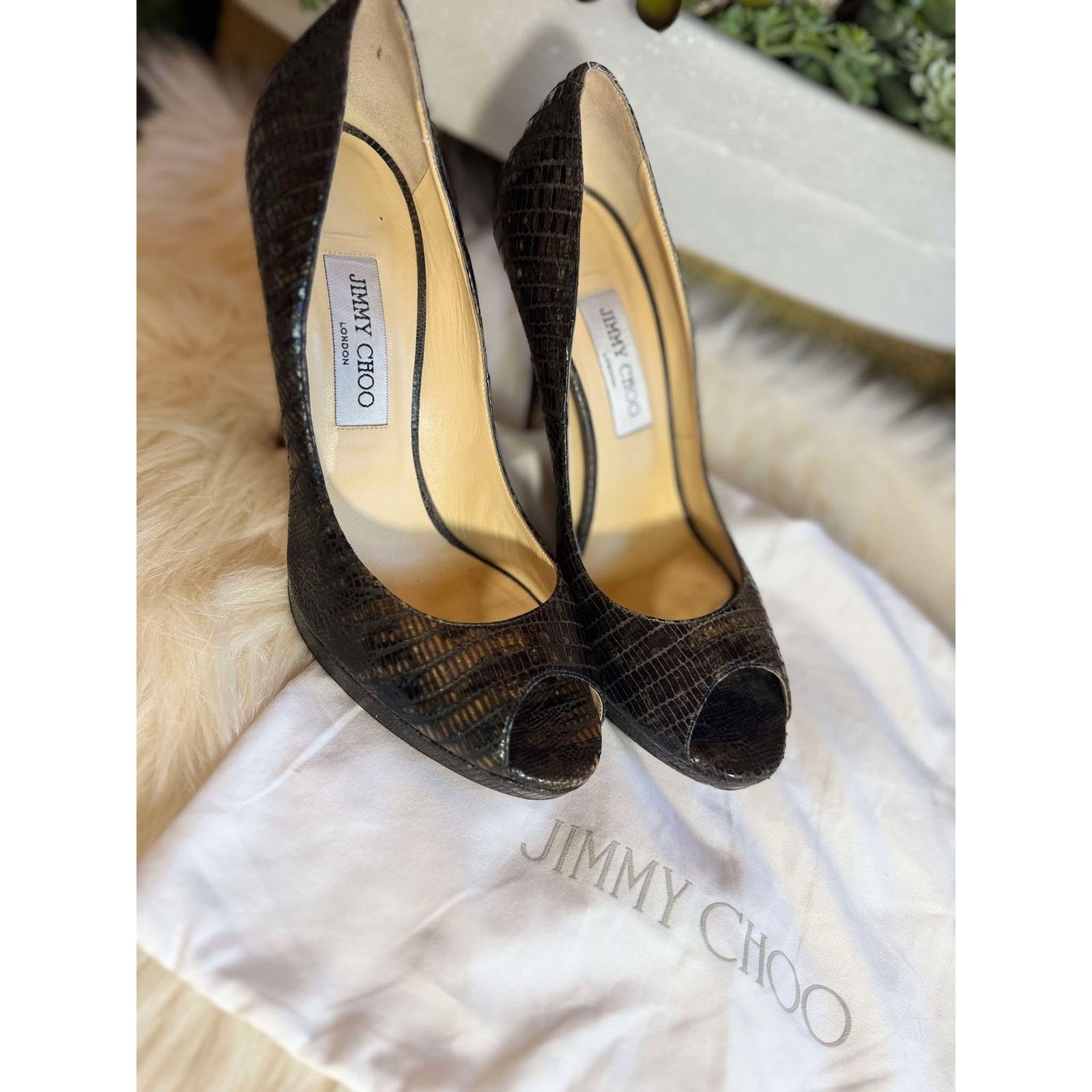 Jimmy Choo Authentic Jimmy Choo Snake Peep Toe Heels Size US 9.5 / IT 39.5 - 1 Thumbnail
