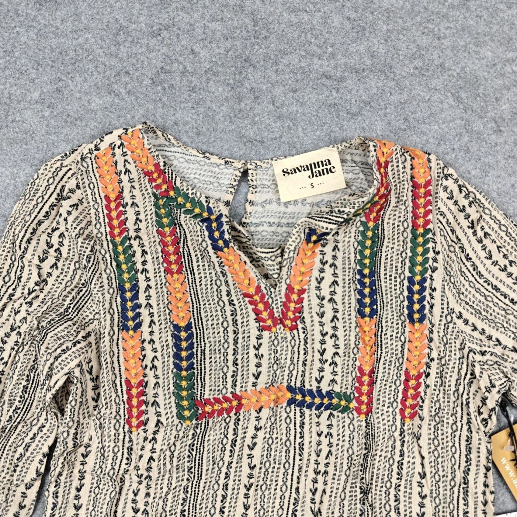 Vintage Savanna Jane Blouse Womens S Beige Embroidered Boho Tunic Top Long Sleeve V-Neck Shirt Size S / US 4 / IT 40 - 2 Thumbnail