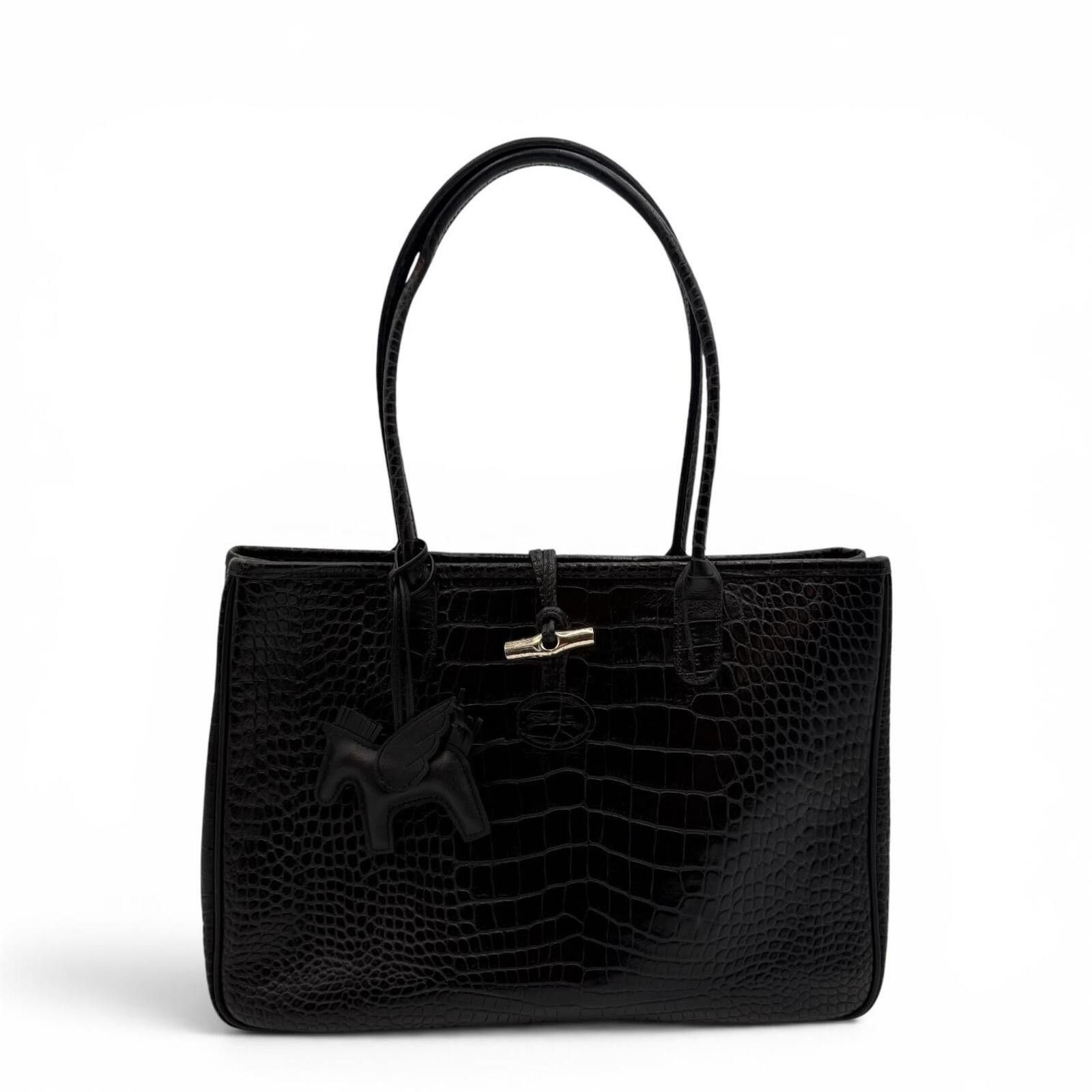 Longchamp Longchamp Black Crocodile Embossed Roseau Tote Size ONE SIZE - 1 Thumbnail
