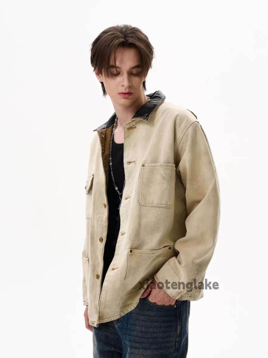 Unisex washed faded loose punk hiphop work jacket