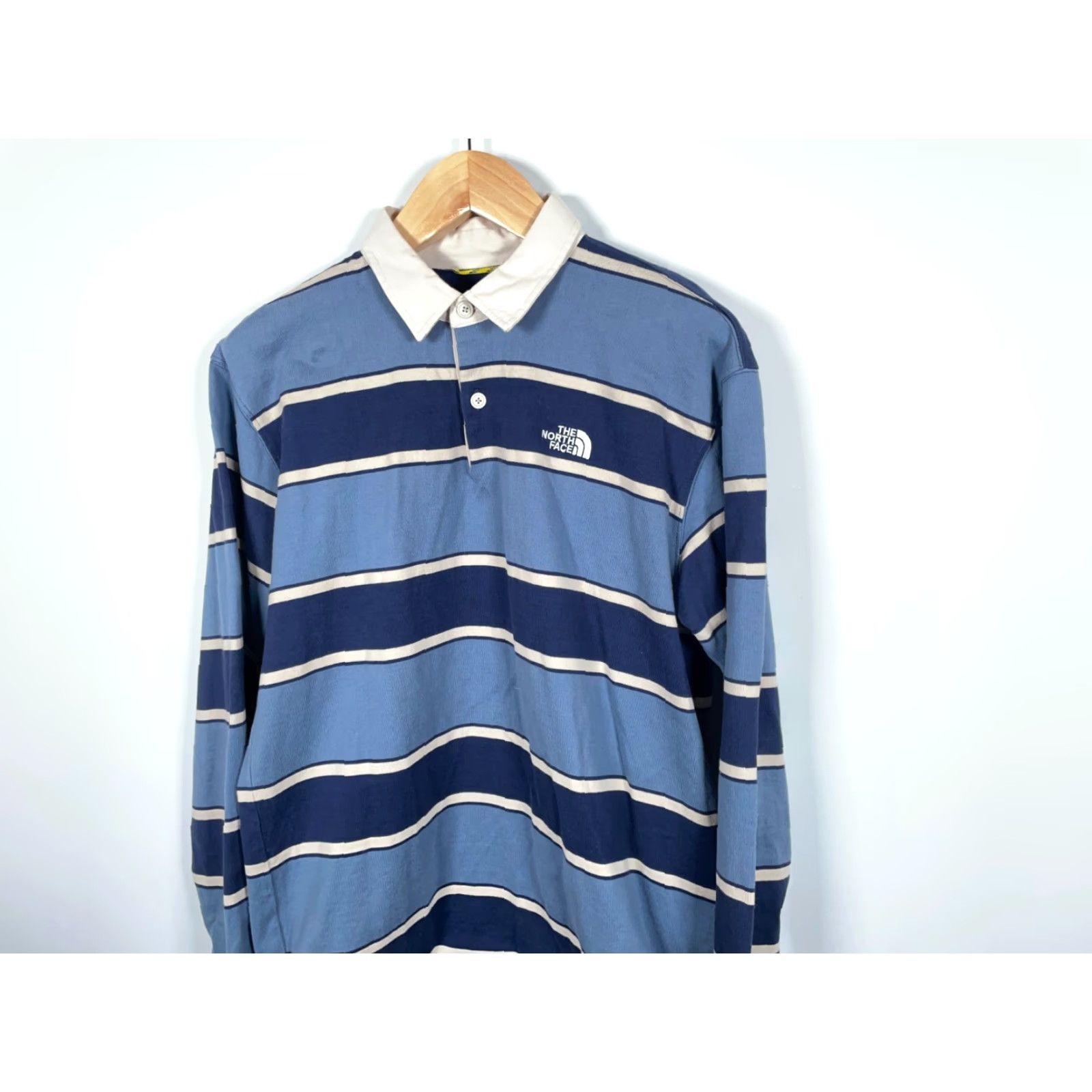 The North Face Rugby Polo Shirt Men's Large Blue Stripe Preppy Long Sleeve Embroidered
