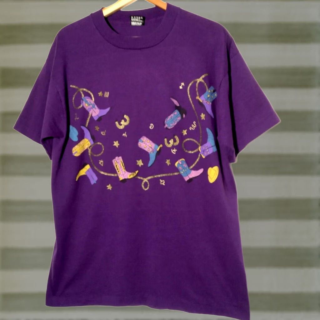 Fruit Of The Loom Vintage Cowboy Shirt Large Purple Glitter Single Stitch Cotton Blend Size US L / EU 52-54 / 3 - 1 Thumbnail