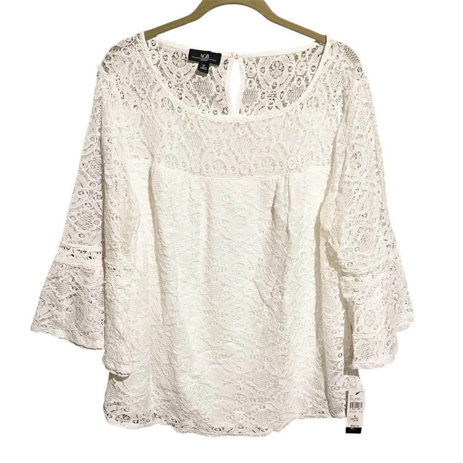 Other AGB Lace Top 1X Off White Flare 3/4 Bell Sleeve Blouse NWT Size XL / US 12-14 / IT 48-50 - 1 Thumbnail