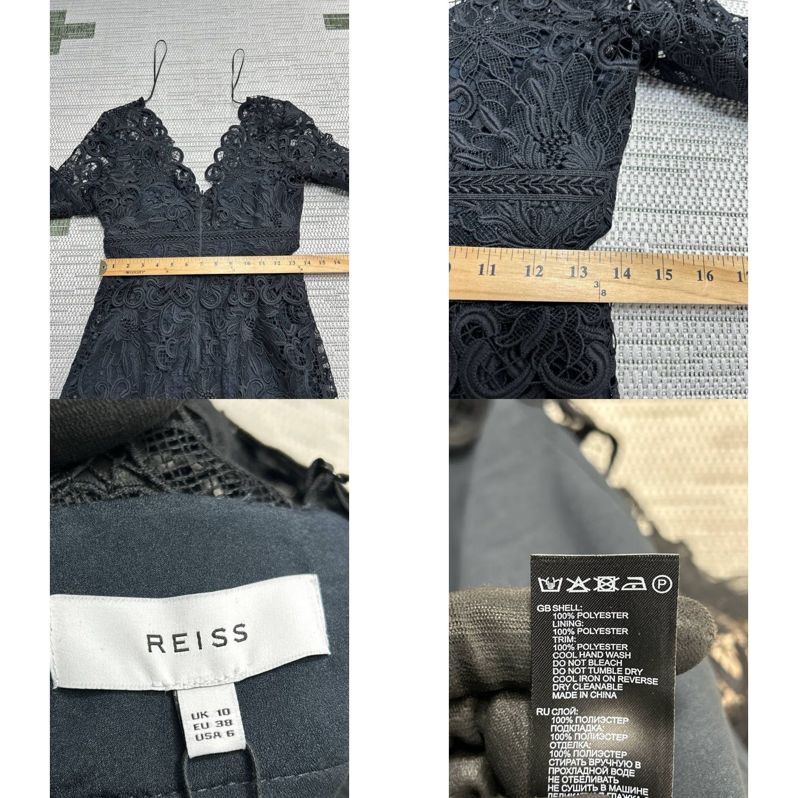 Reiss Reiss Dress Womens Bodycon Lace Black Zip Knee Length V-Neck Floral Long Sleeve 6 - Casual Party/Cocktail Size M / US 6-8 / IT 42-44 - 8 Thumbnail