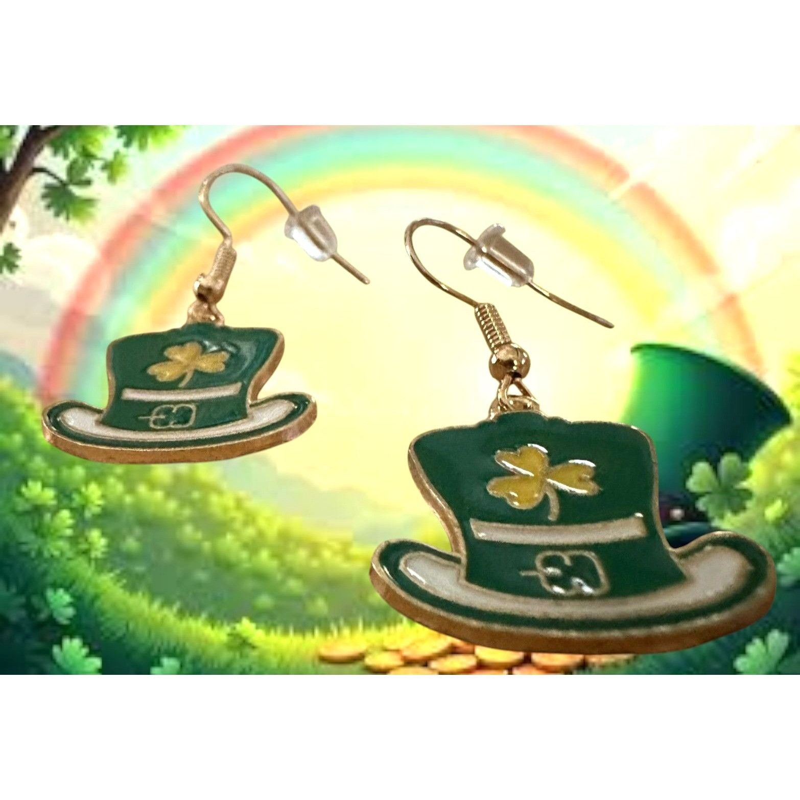 Handmade St Patricks Day Leprechaun Hat Earrings Shamrock Green Dang Size ONE SIZE - 3 Thumbnail
