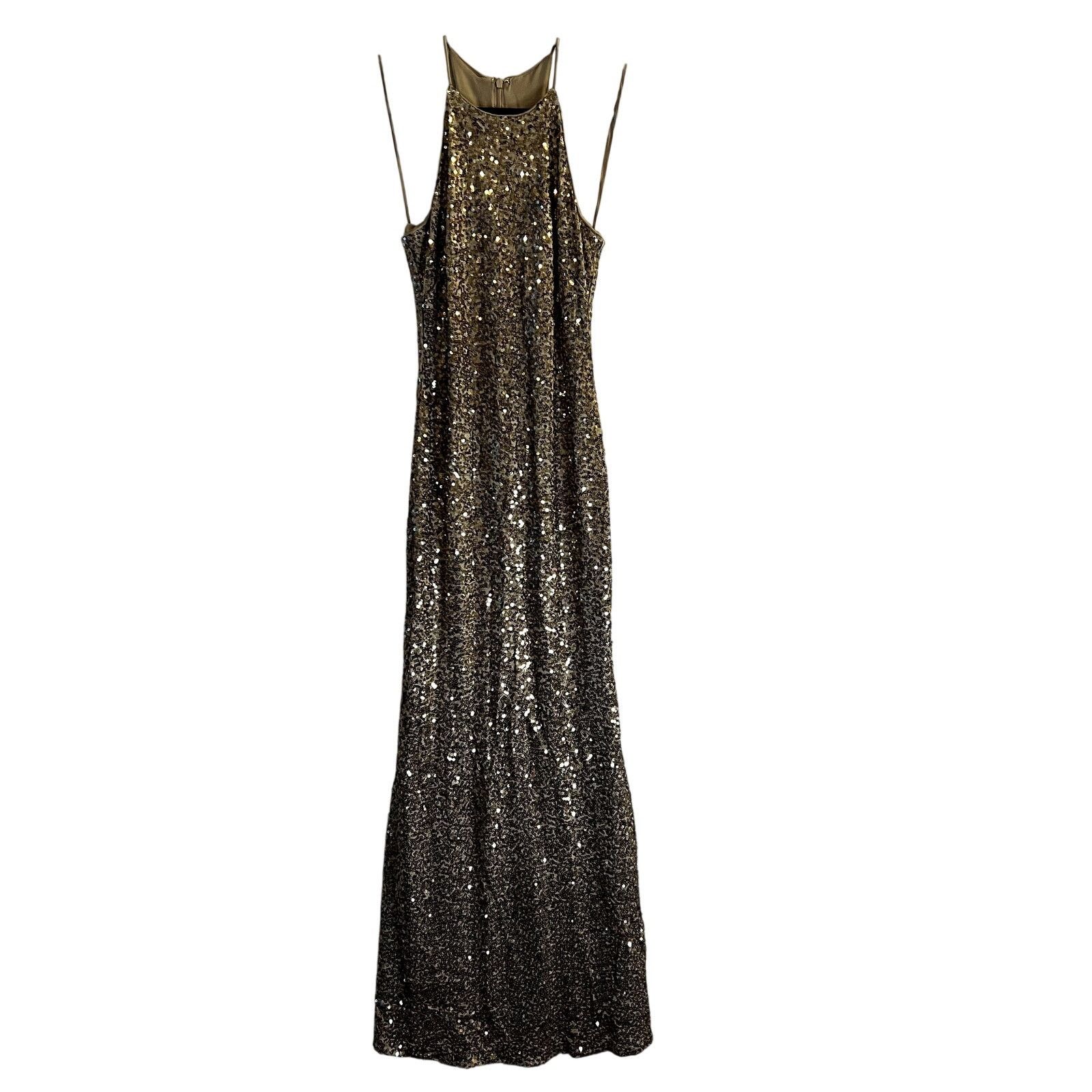 Badgley Mischka Badgley Mischka Collection Gold Sequin Halter Maxi Dress Size XS / US 0-2 / IT 36-38 - 2 Thumbnail