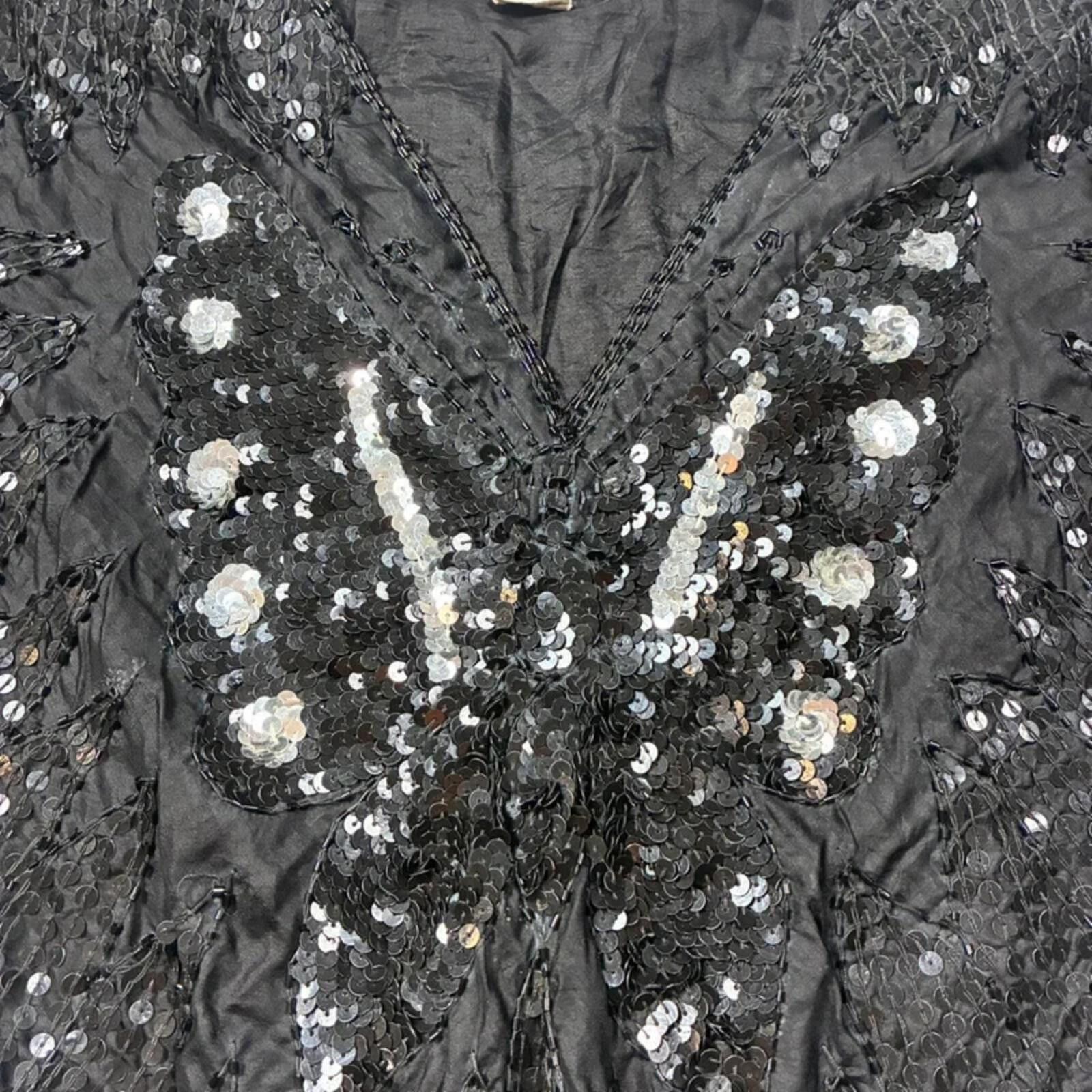 Other Vintage 90s Black Sequin Butterfly Top Silk Beaded Festival Size M / US 6-8 / IT 42-44 - 4 Thumbnail