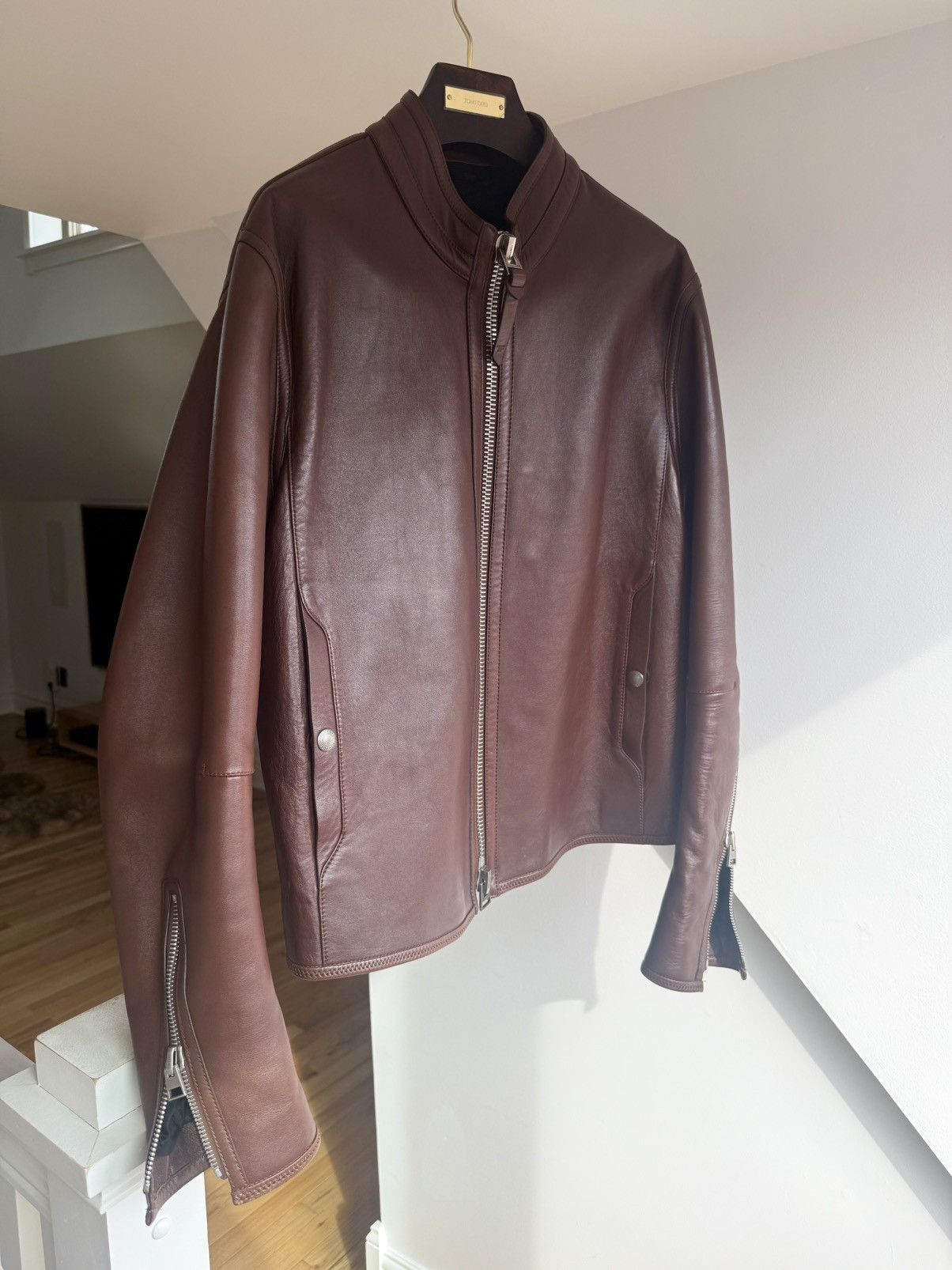 Tom Ford Tom Ford Plongé Leather Racer Jacket TFL717-BU401 Brown Size US XXL / EU 58 / 5 - 6 Thumbnail