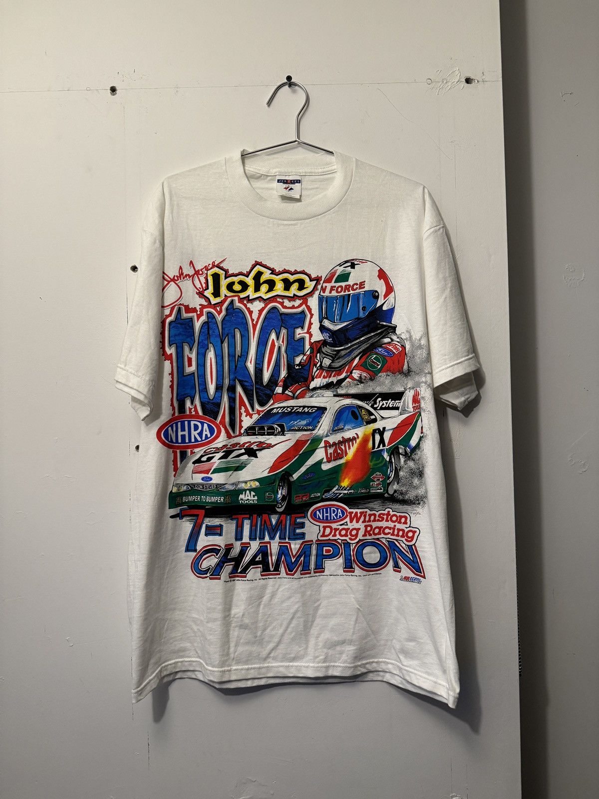 image of 90's John Force Nascar Autographed Tee Shirt Large in White, Men's