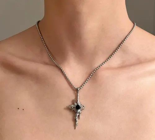 Jewelry Silver Gothic Cross Pendant Necklace with Black Stone Size ONE SIZE - 7 Thumbnail