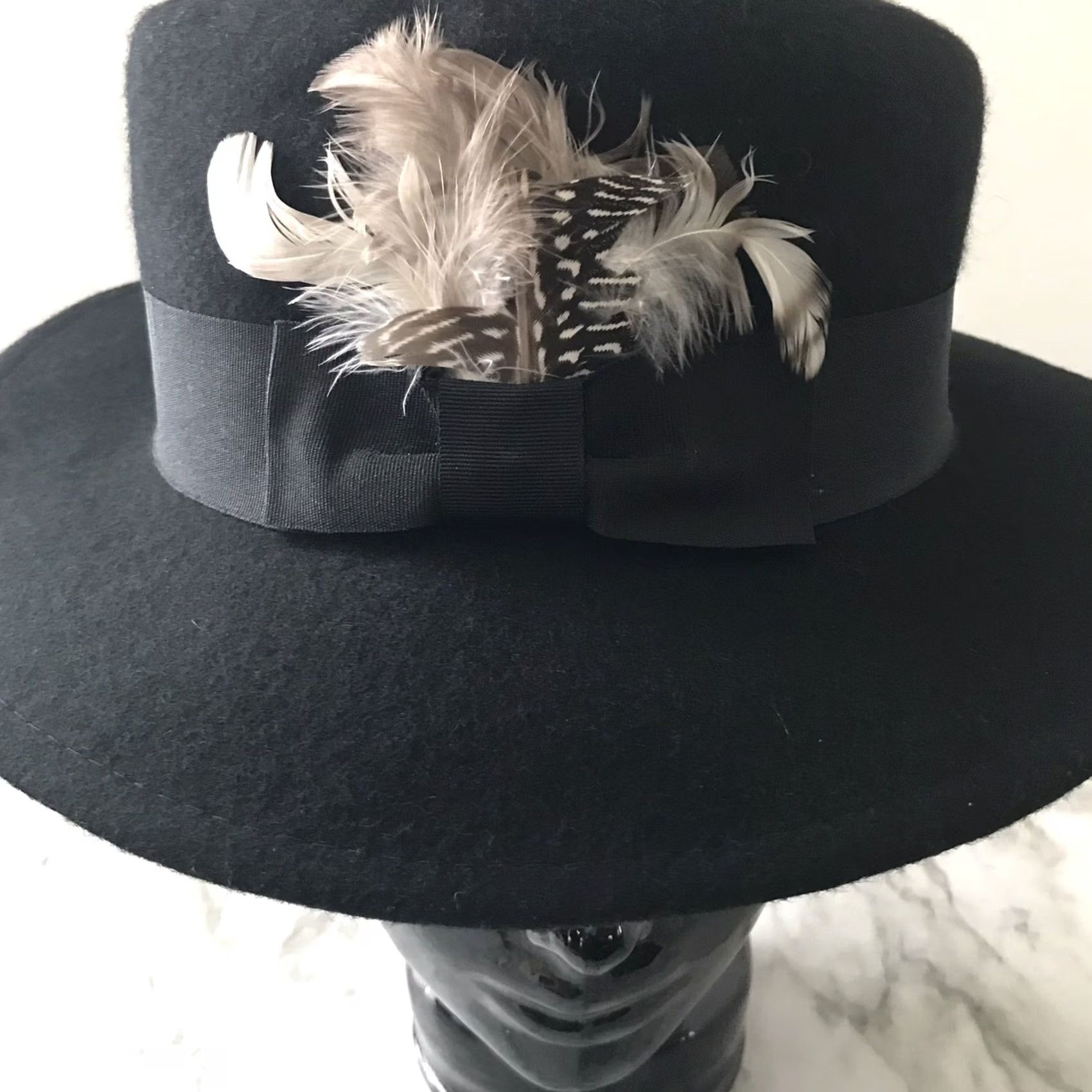 Vintage Scala Pronto Crushable Black Wool Feather Bow Wide Brim Fedora Hat - Fedora - Women - One Size - Black - Wool - Bow - Feather Size ONE SIZE - 3 Thumbnail