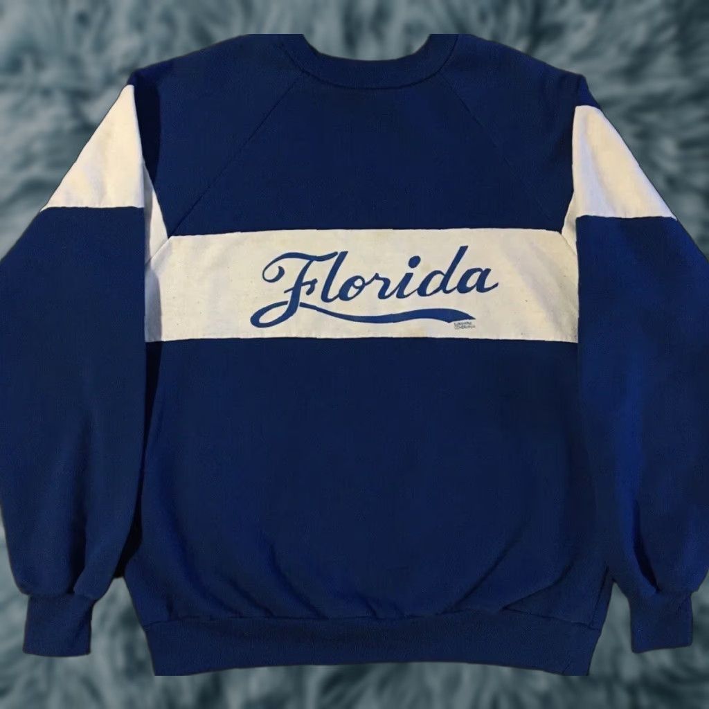VINTAGE Florida Faded Colorblock Spellout Sweatshirt Hoodie S Men Blue 80s 90s Surf Skate Grunge USA Beach