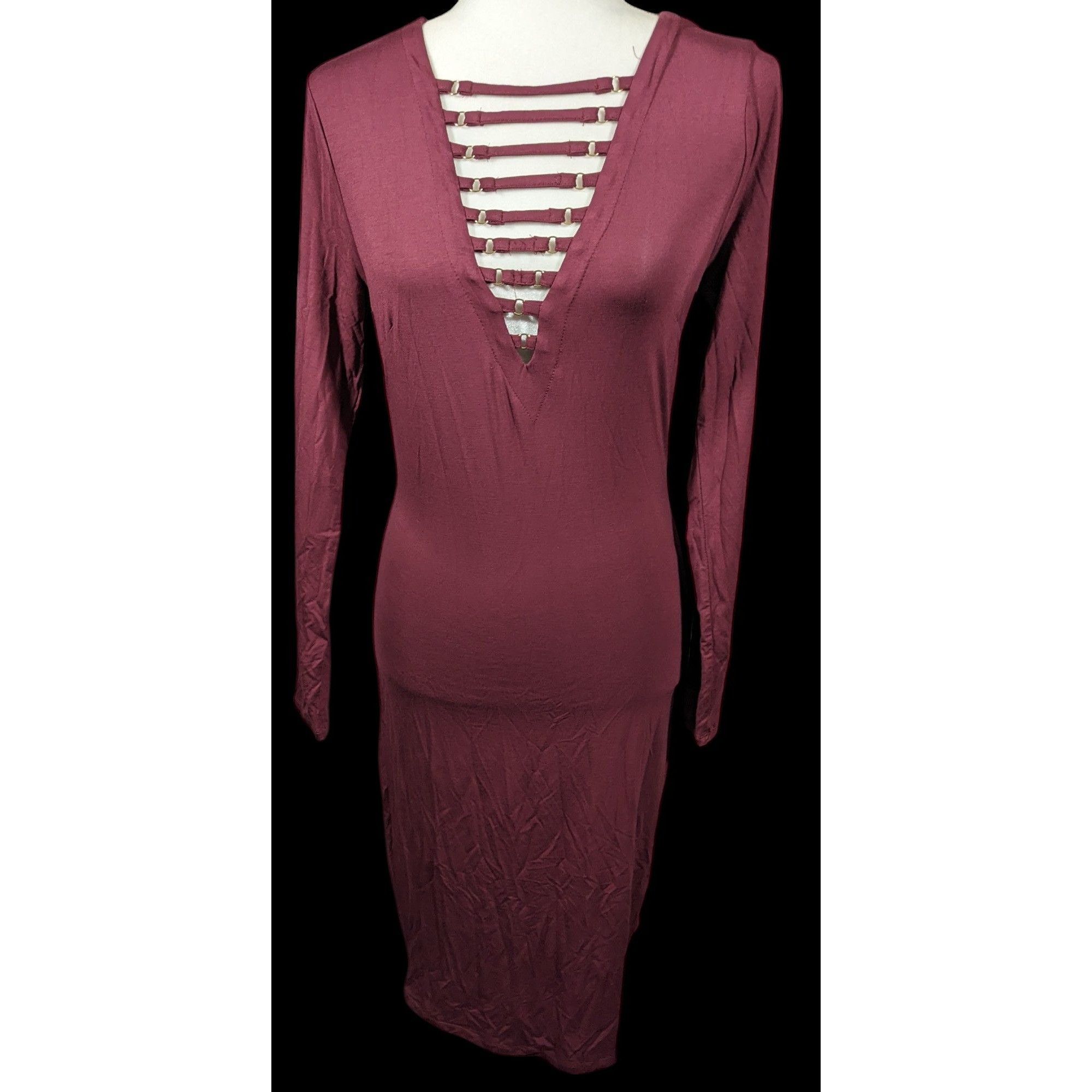 Bebe Bebe Burgundy Plunge Neck Long Sleeve Midi Dress Size Medium Size M / US 6-8 / IT 42-44 - 3 Thumbnail