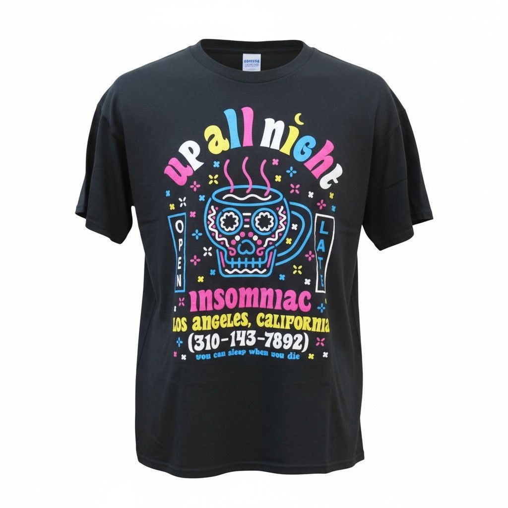 Gildan Vintage Insomniac "Up All Night" Neon Graphic T-Shirt Size US L / EU 52-54 / 3 - 1 Thumbnail