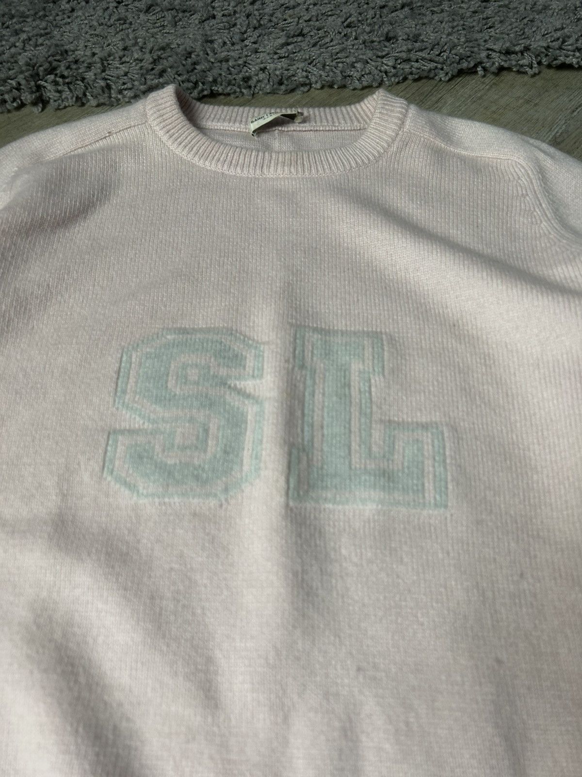Saint Laurent Paris STEAL Rose pink/white ‘SL’ Cashmere Knit Sweater Size US XL / EU 56 / 4 - 3 Thumbnail