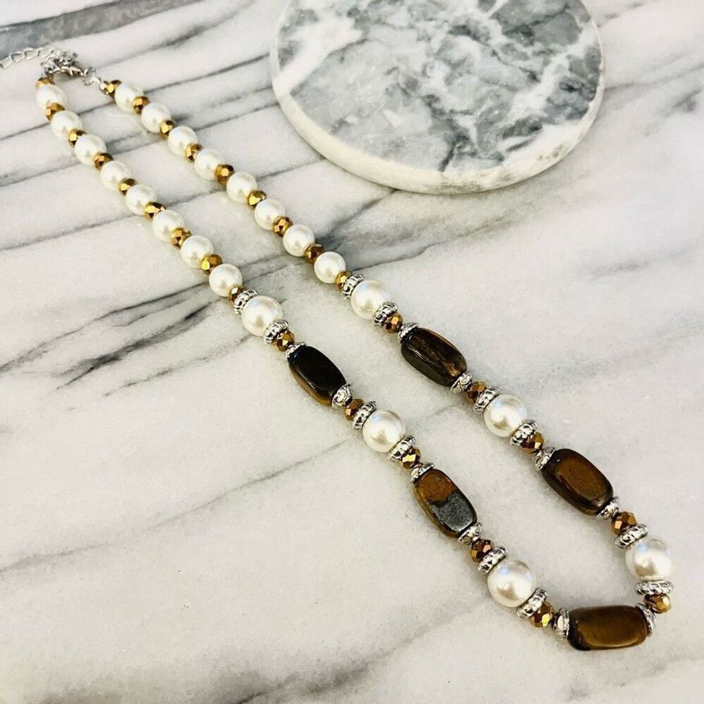 Jewelry Tigers Eye Stone and Simulated Pearl Necklace Beaded Size ONE SIZE - 7 Thumbnail