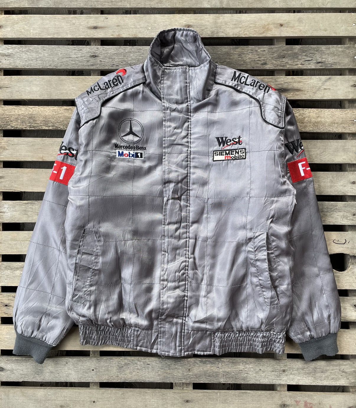 image of Vintage F-1 Mercedes Benz Mobil 1 Racing Jacket in Grey, Men's (Size Large)
