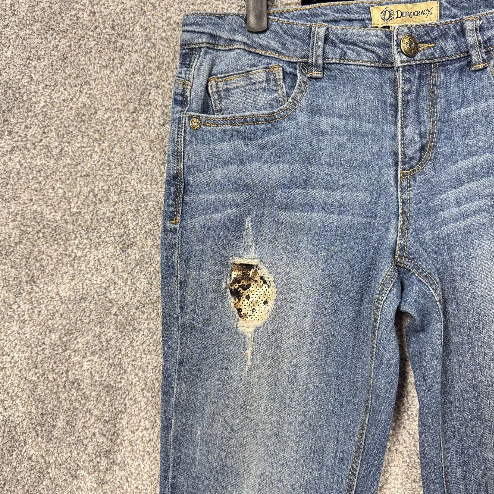 Vintage Democracy Jeans Womens Size 6 Blue Distressed Sequin Mid Rise Skinny Size 28" / US 6 / IT 42 - 6 Thumbnail