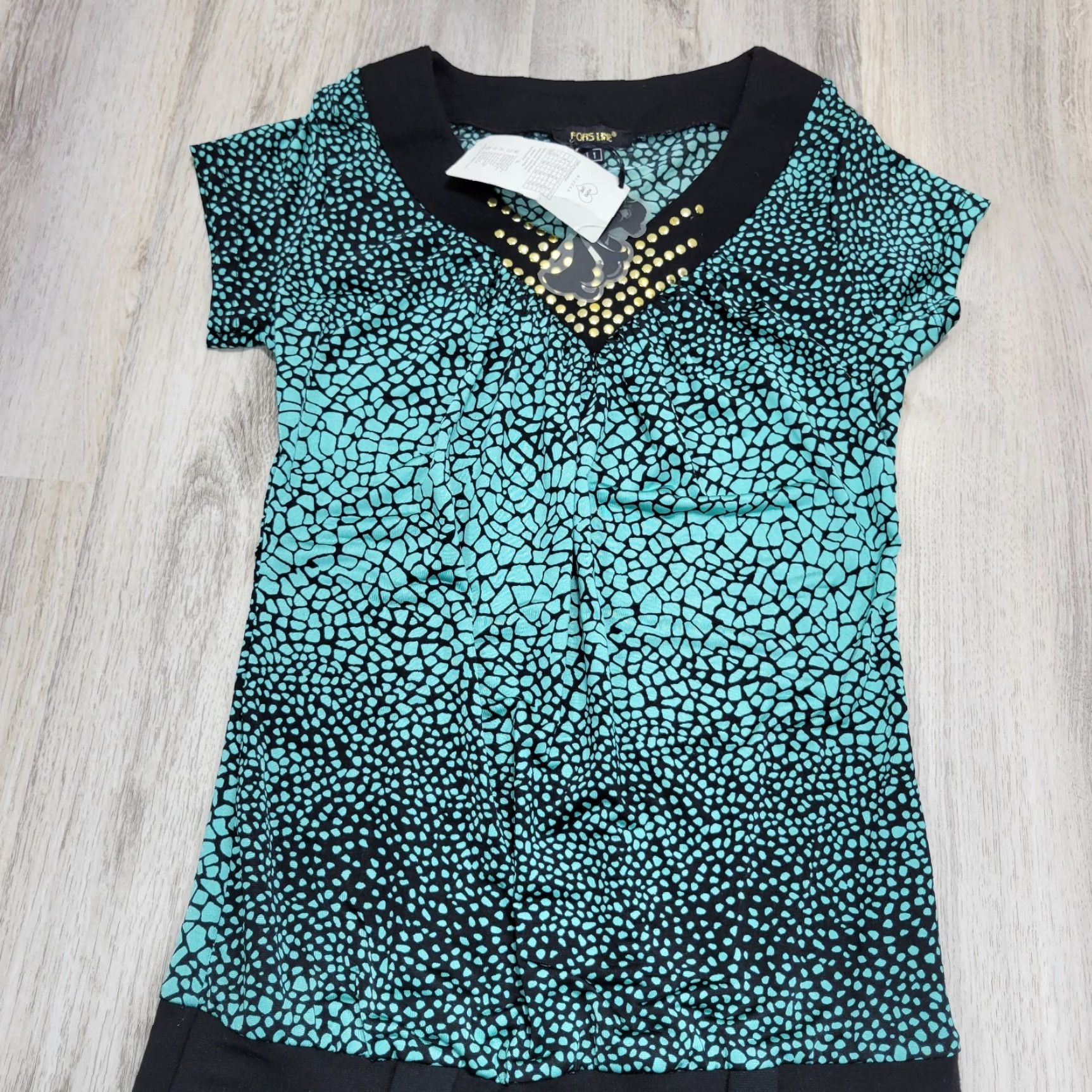 Vintage Fors Line Turquoise Black Bodycon Dress Embellished Collar Cocktail Sz 1 NWT Womens Short Sleeve Viscose Spandex Rhinestone Pleated Size XS / US 0-2 / IT 36-38 - 4 Thumbnail