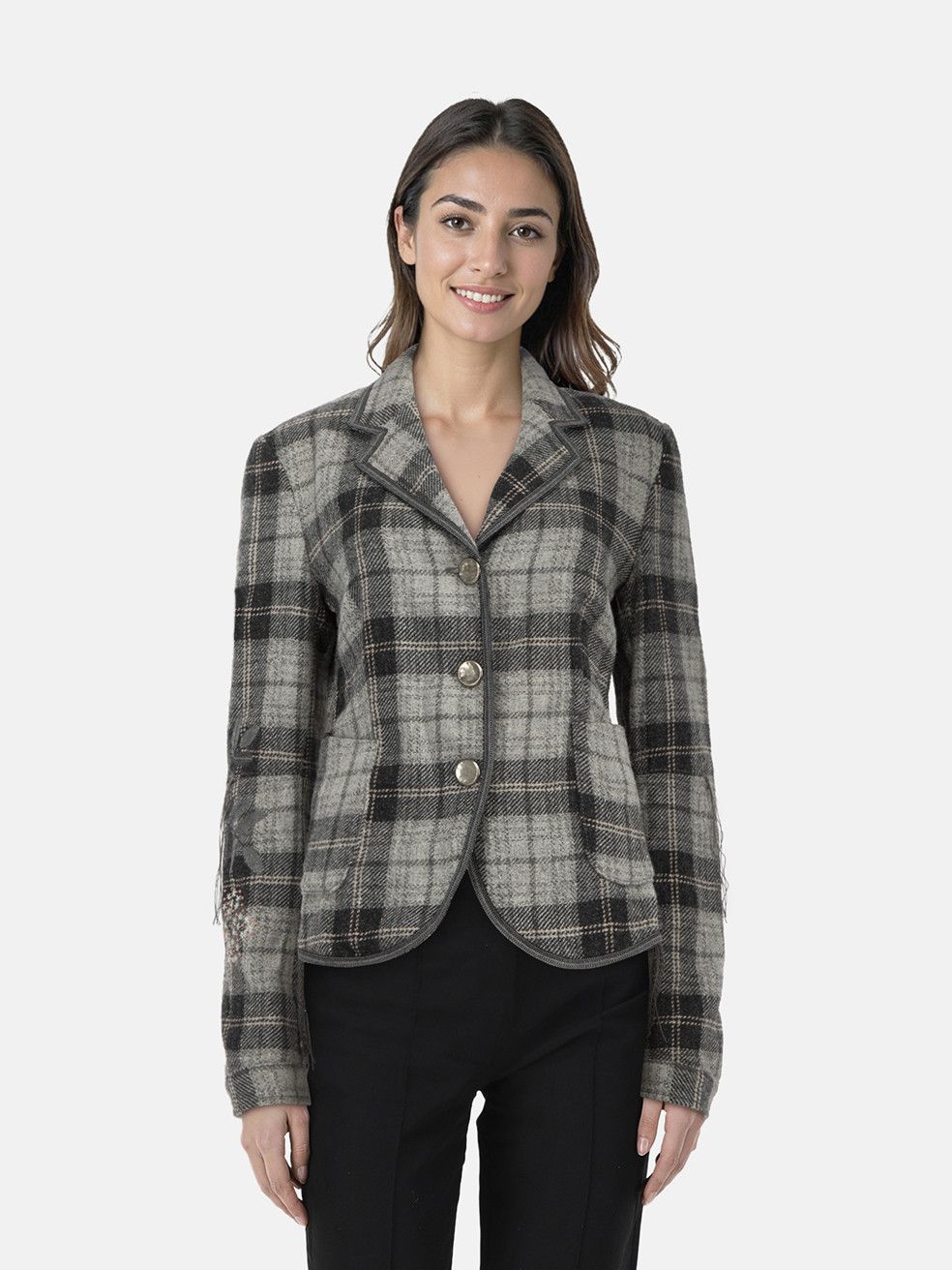 Marithe + Francois Girbaud Grey Wool Tartan Jacket Size L / US 10 / IT 46 - 1 Thumbnail