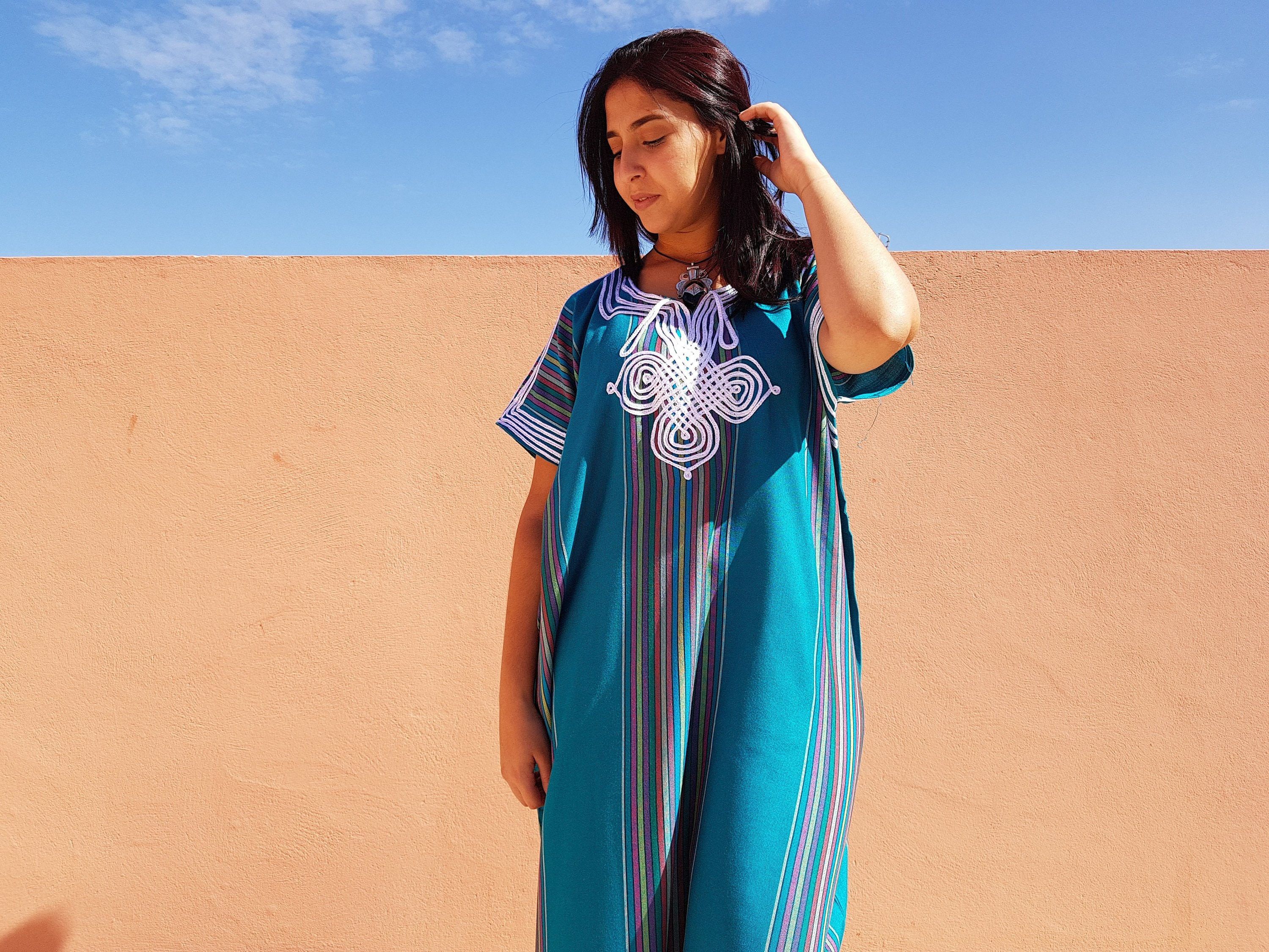 Designer × Handmade Blue Moroccan Bohemian Kaftan For Women Size ONE SIZE - 3 Thumbnail