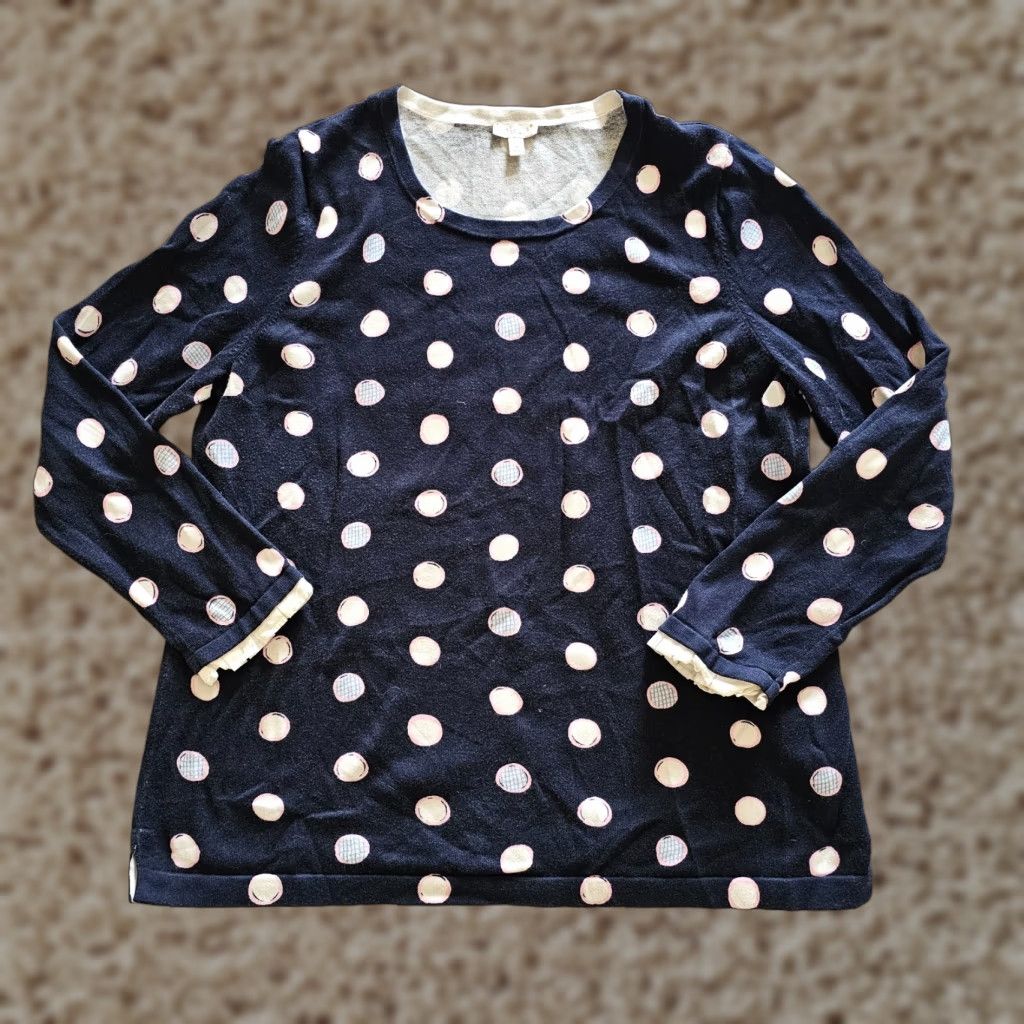 Talbots Talbots Blouse Womens 1X Blue Polka Dot Round Neck Long Sleeve Casual Career Knit 100% Cotton Ruffle Classic Size XL / US 12-14 / IT 48-50 - 1 Thumbnail