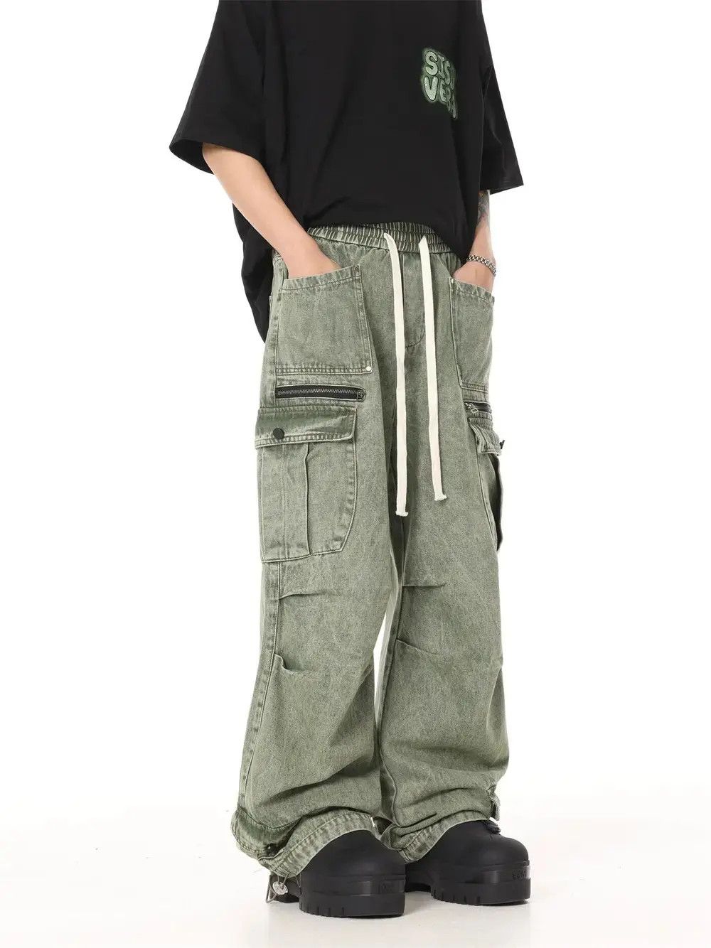 image of Vintage Cargo Flared Distressed Grunge Baggy Pants in Faded Green, Men's (Size 29)