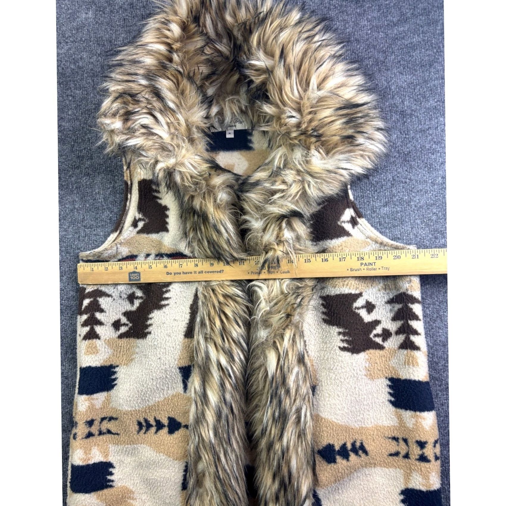 Vintage Tasha Polizzi Vest Womens M Tan Southwestern Fleece Hooded Fur Trim Open Front Geometric Bohemian Jacket/Coat Length Mid-Length Casual Summer? Size M / US 6-8 / IT 42-44 - 3 Thumbnail