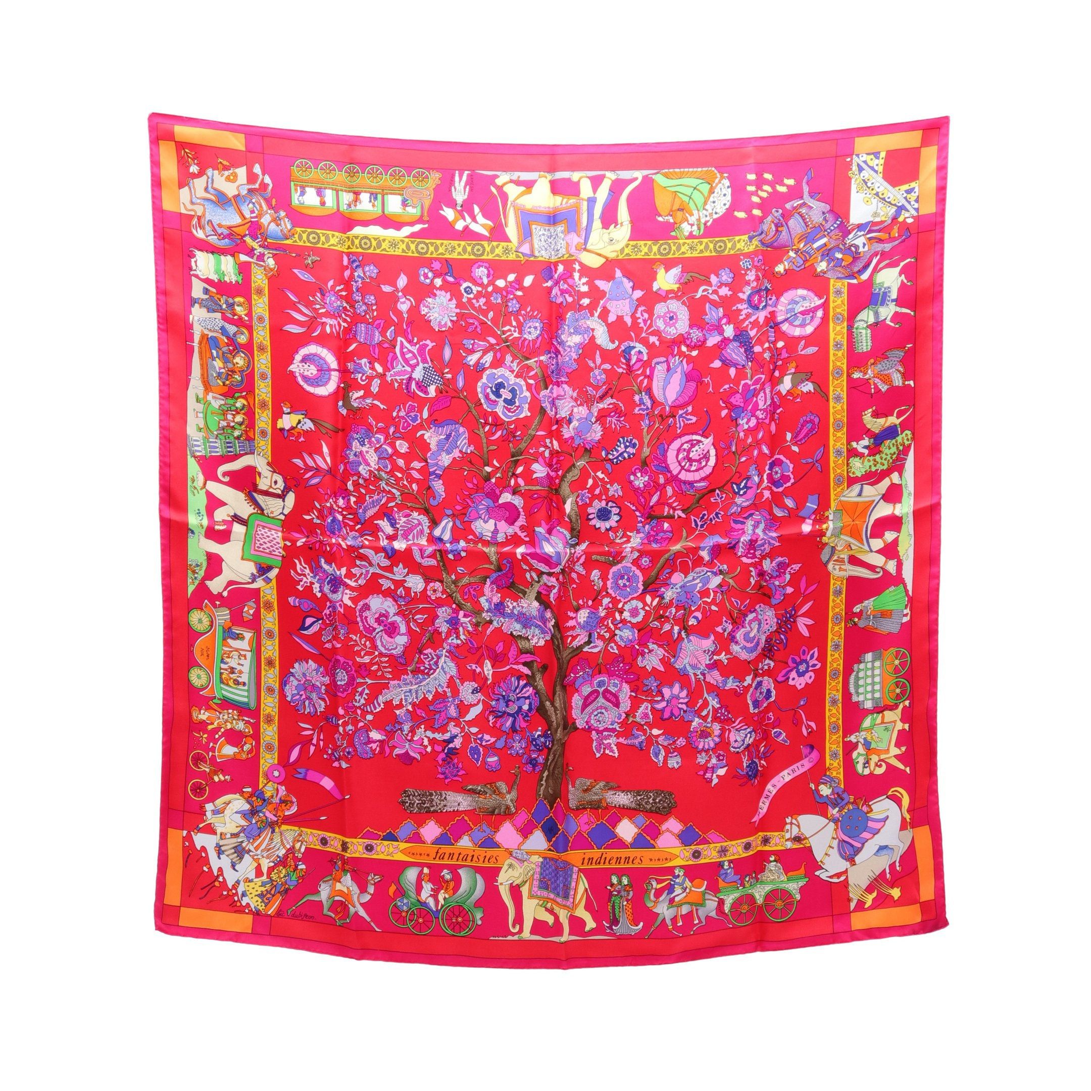 image of Hermes Carres 90 Fantaisies Indiennes Scarf Silk Pink Purple Multicolor, Women's