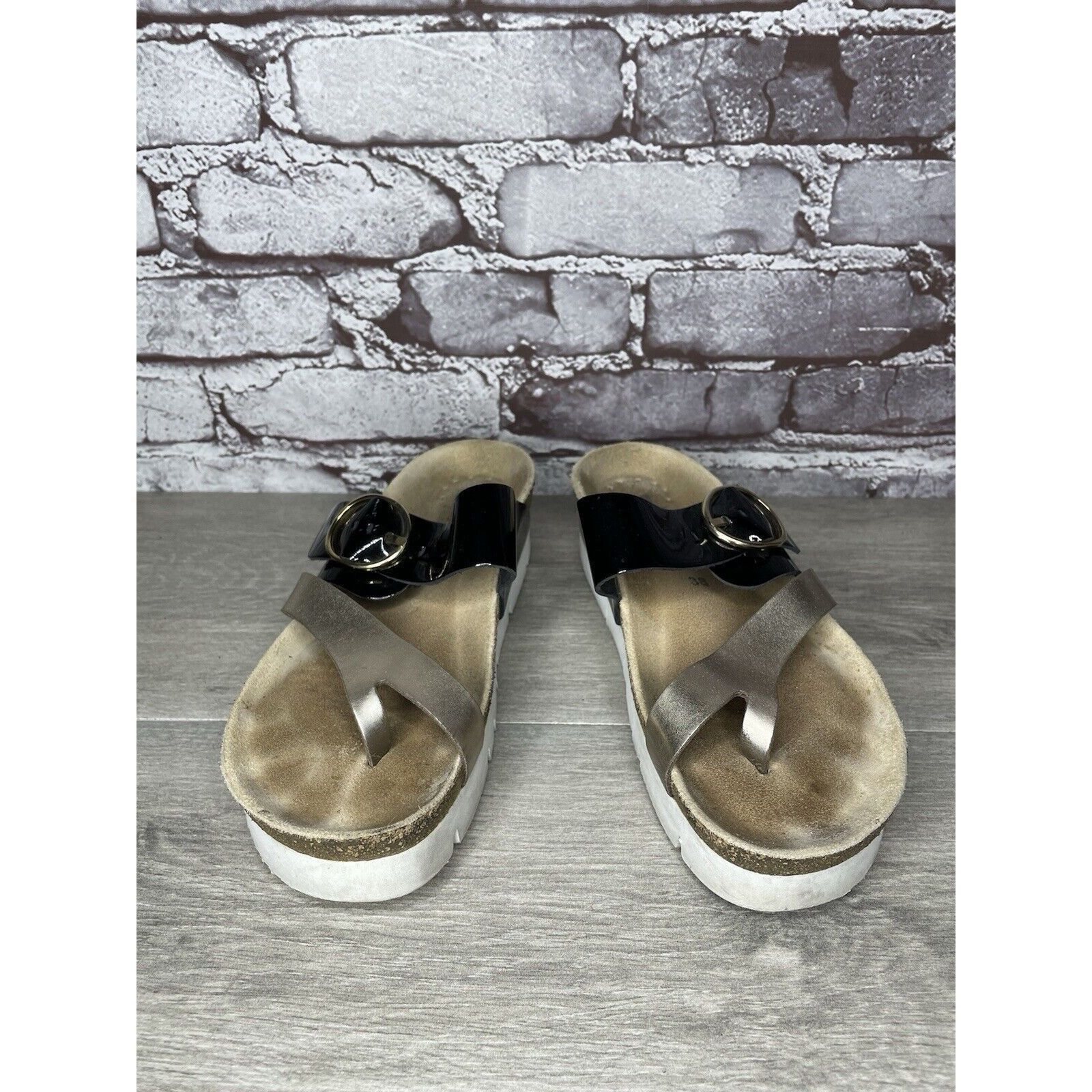 Mephisto Mephisto Silver Leather Black Patent Toe Strap Cork Wedge Sa Size US 8 / IT 38 - 4 Thumbnail