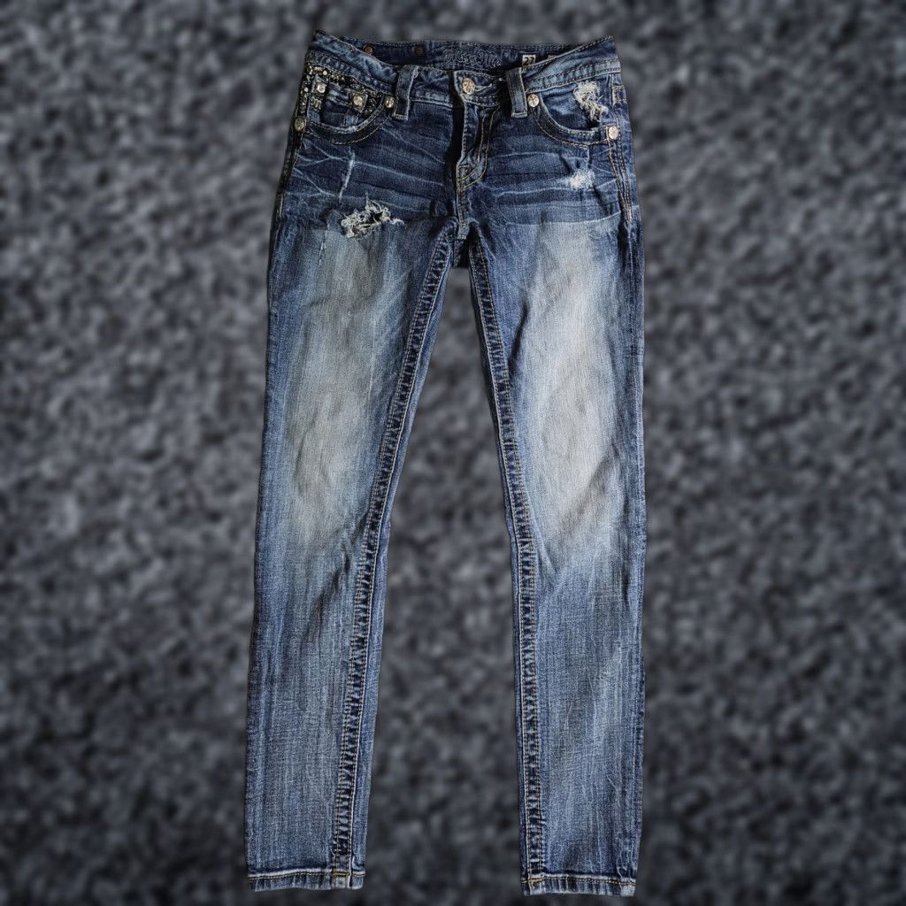 Miss Me VINTAGE? No — Miss Me Signature Skinny 27 Denim Jean Womens Sz 27x31 Bedazzled Design Med Wash Size 27" / US 4 / IT 40 - 1 Thumbnail