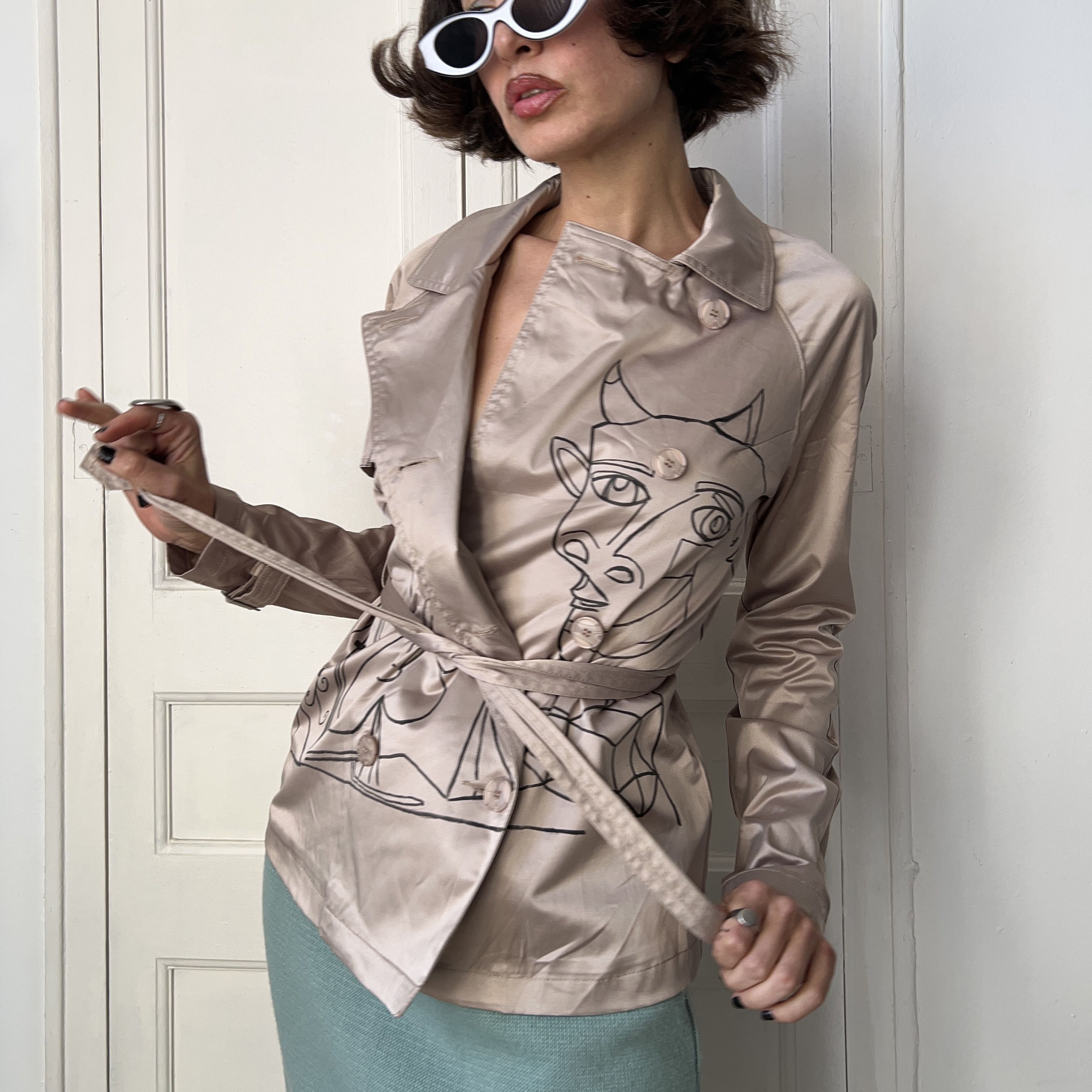 Other Hand Painted Picasso's Drawing Gold Satin Jacket Size S / US 4 / IT 40 - 7 Thumbnail