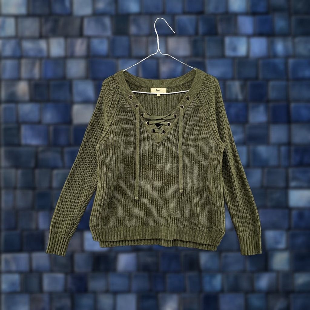 Vintage Pout Women’s V Neck Lace Up Green Knit Sweater M Size Medium Shirt Pullover Womens Size M / US 6-8 / IT 42-44 - 1 Thumbnail