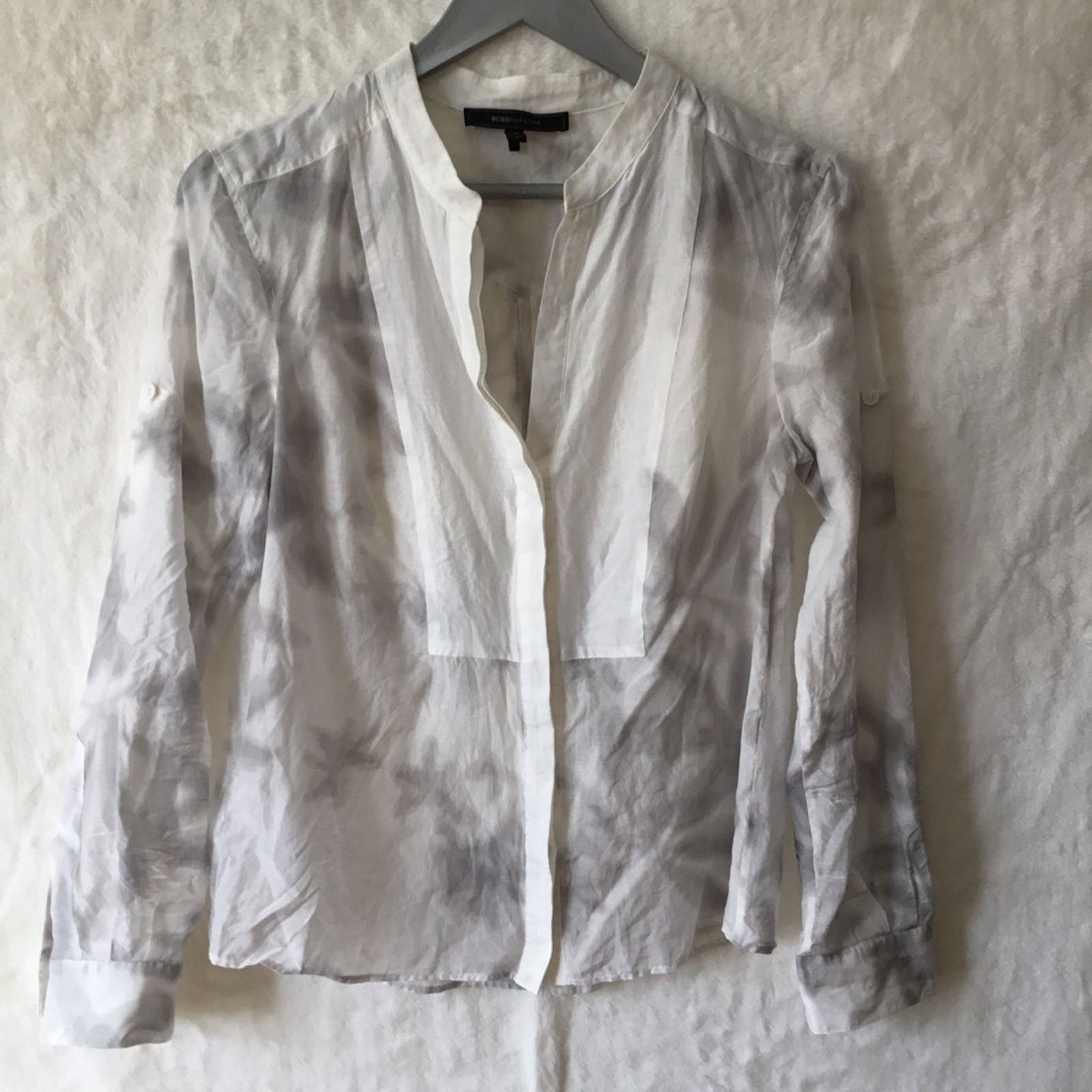 Bcbgmaxazria BCBGMaxAzria White& Gray Tie-Dye Roll-tab Sleeve Silk Blouse Size S / US 4 / IT 40 - 1 Thumbnail