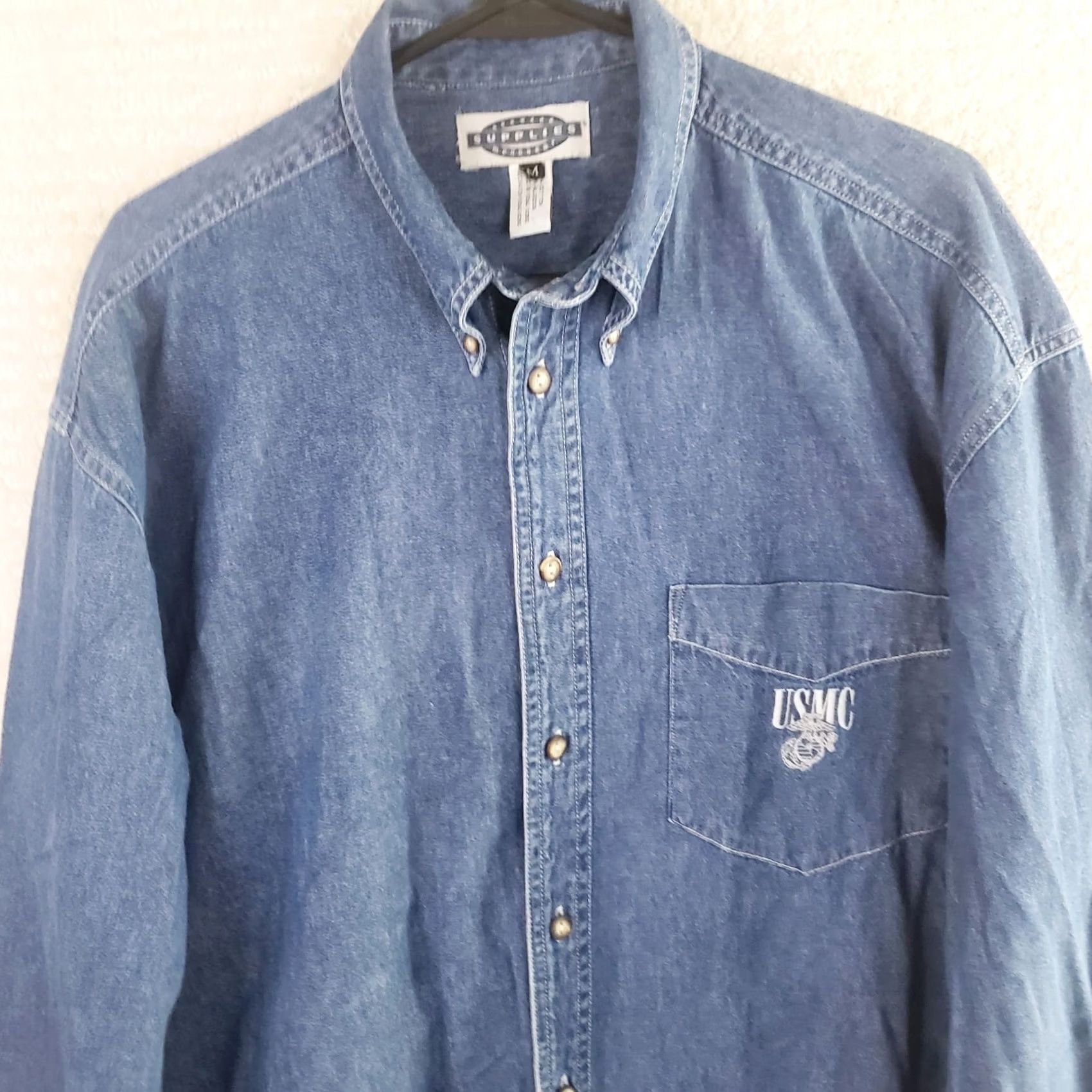 Denime Supplies Menswear Mens Denim Button-Up Shirt Blue with USMC Marines Logo Pocket Long Sleeve Collared Button-Up Regular Fit M Boys Mens Girls? Size US 31 - 2 Thumbnail