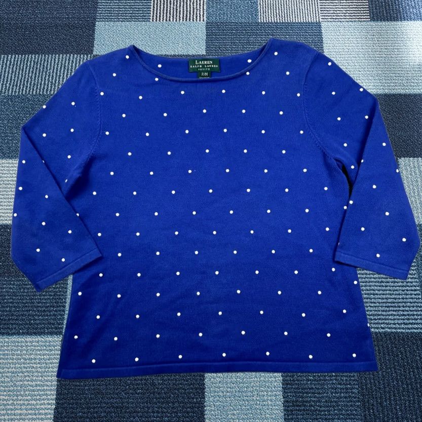 Ralph Lauren Lauren Ralph Lauren Shirt Women PM Blue Polka Dot Boat Neck Long Sleeve Casual Knit Cotton Regular Size M / US 6-8 / IT 42-44 - 1 Thumbnail