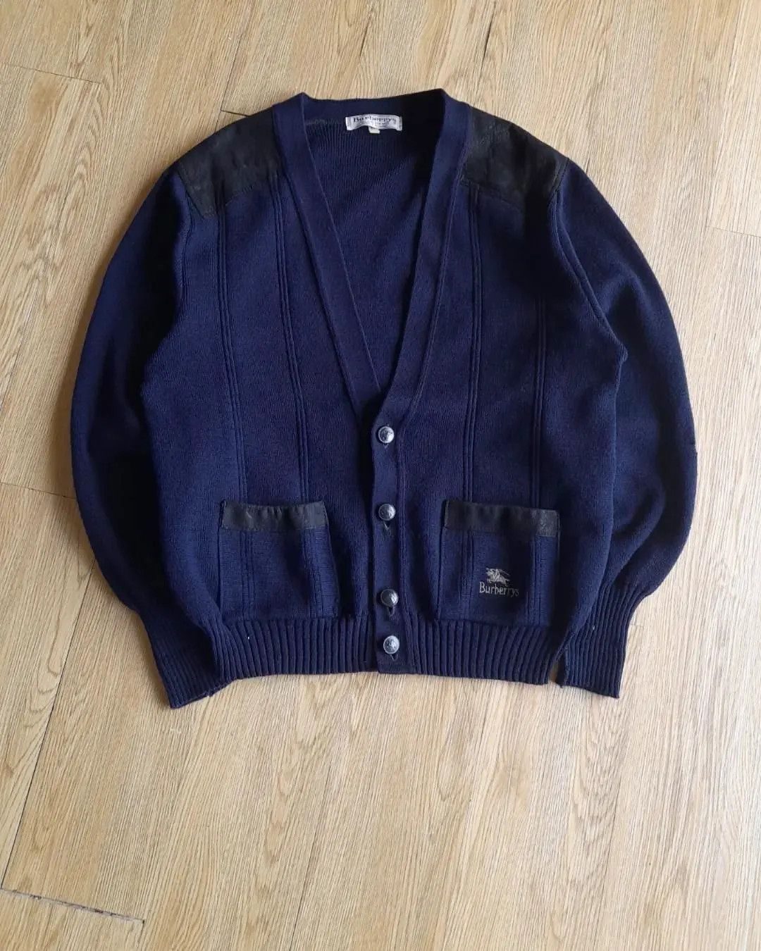 Image of Burberrys Vintage Dark Blue Wool & Cardigan Sweater 1980's in Dark Navy, Men's (Size XL)