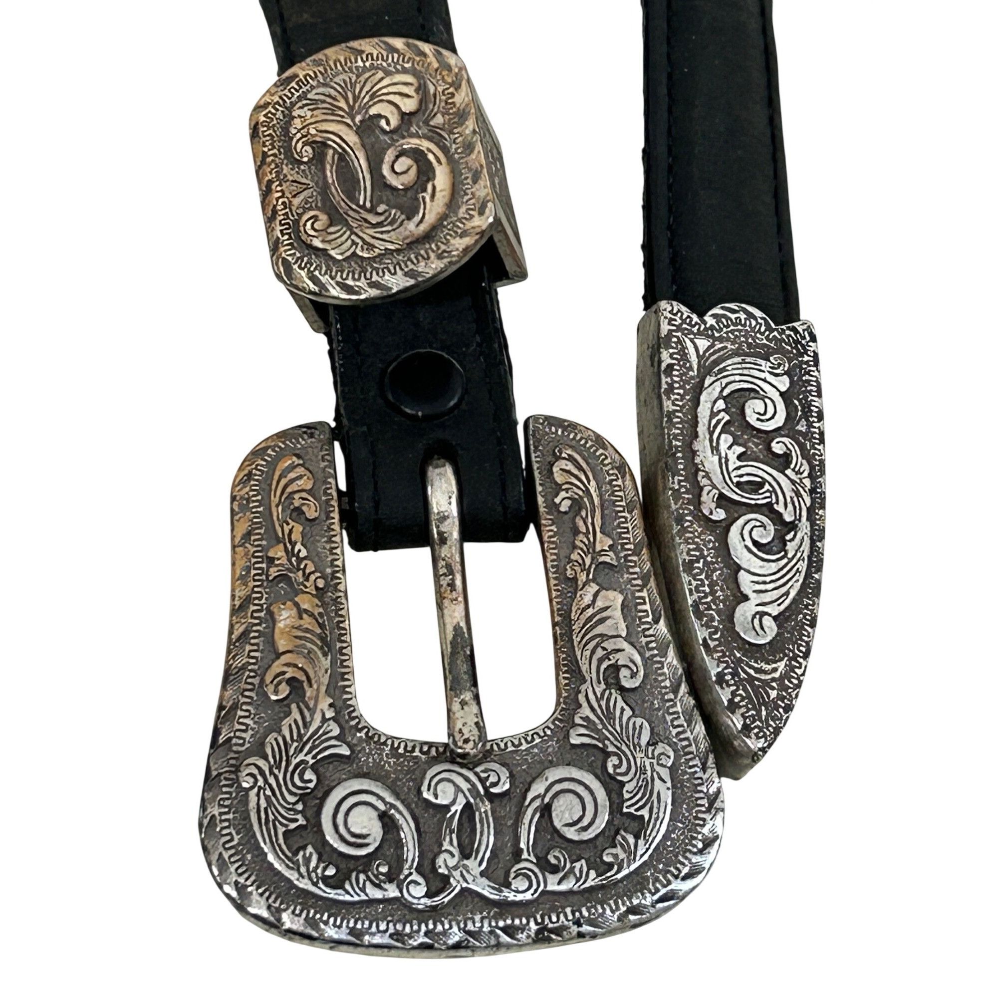 Justin Justin Belt Black 30 Vtg Leather USA Silver-plated 1993 Eng Size ONE SIZE - 2 Thumbnail