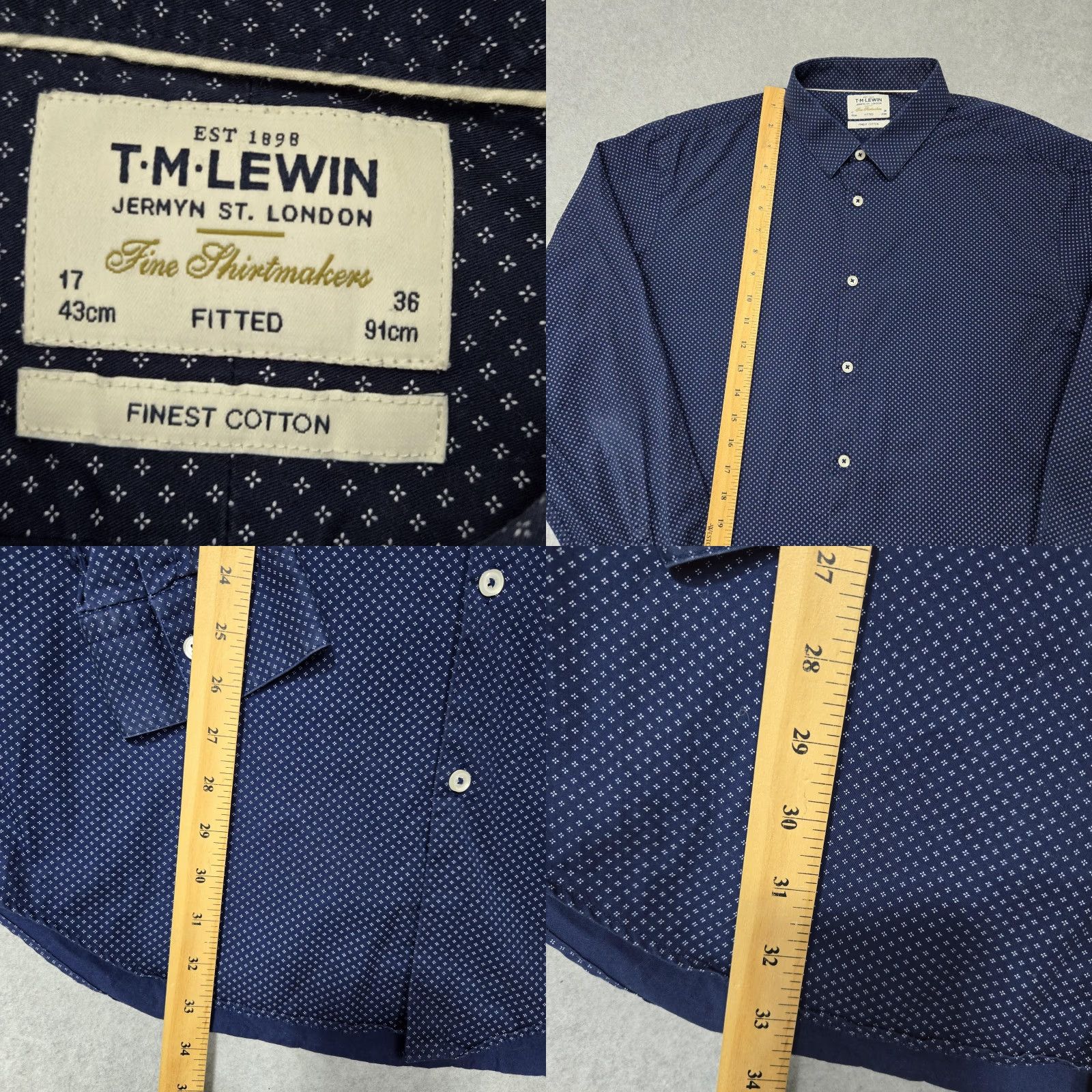 Vintage TM Lewin Shirt Mens 17 36 Navy Blue Fitted Dress Long Sleeve Patterned Button Up Formal Size 46R - 8 Thumbnail